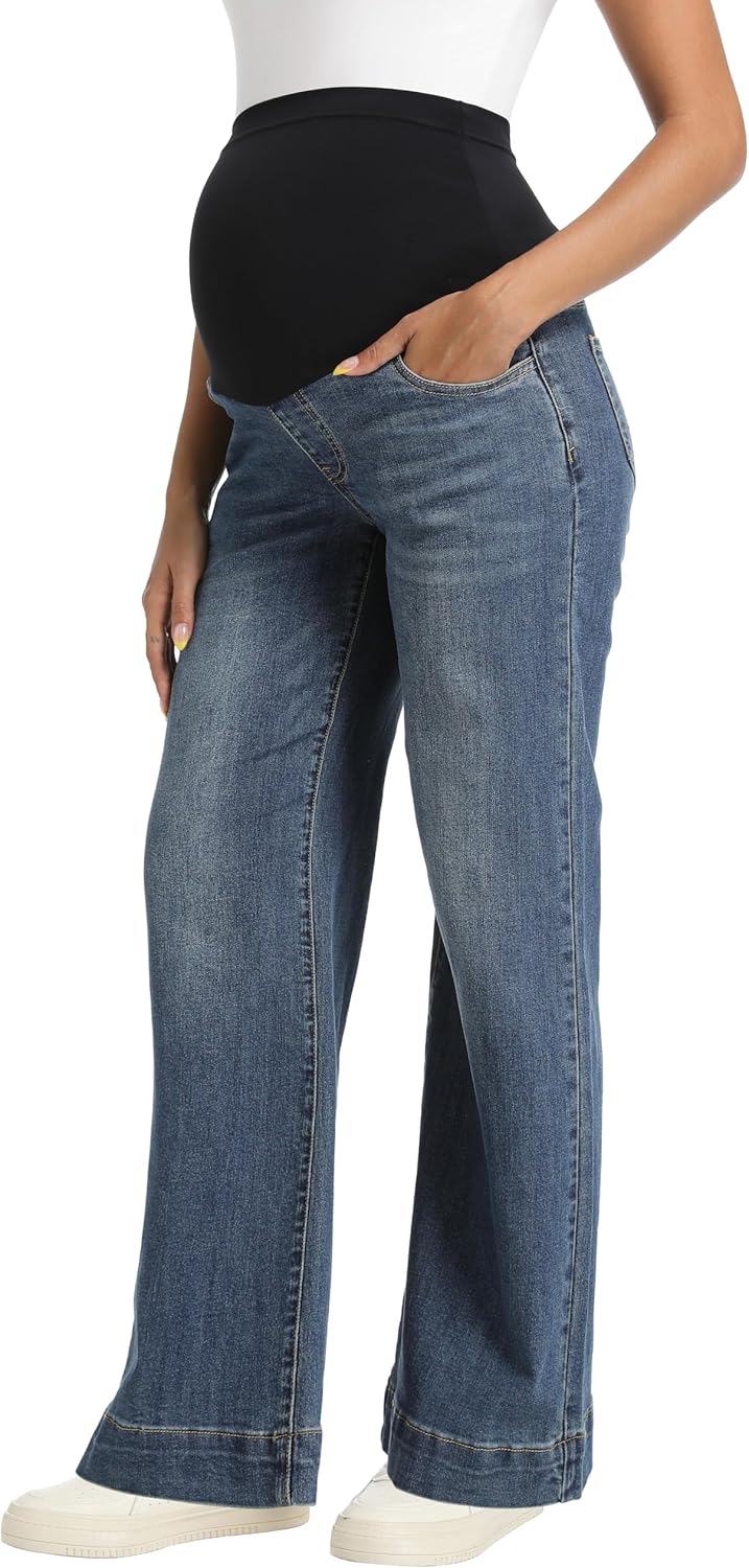 Foucome Women's Maternity Jeans Wide Leg Comfy Stretchy Denim