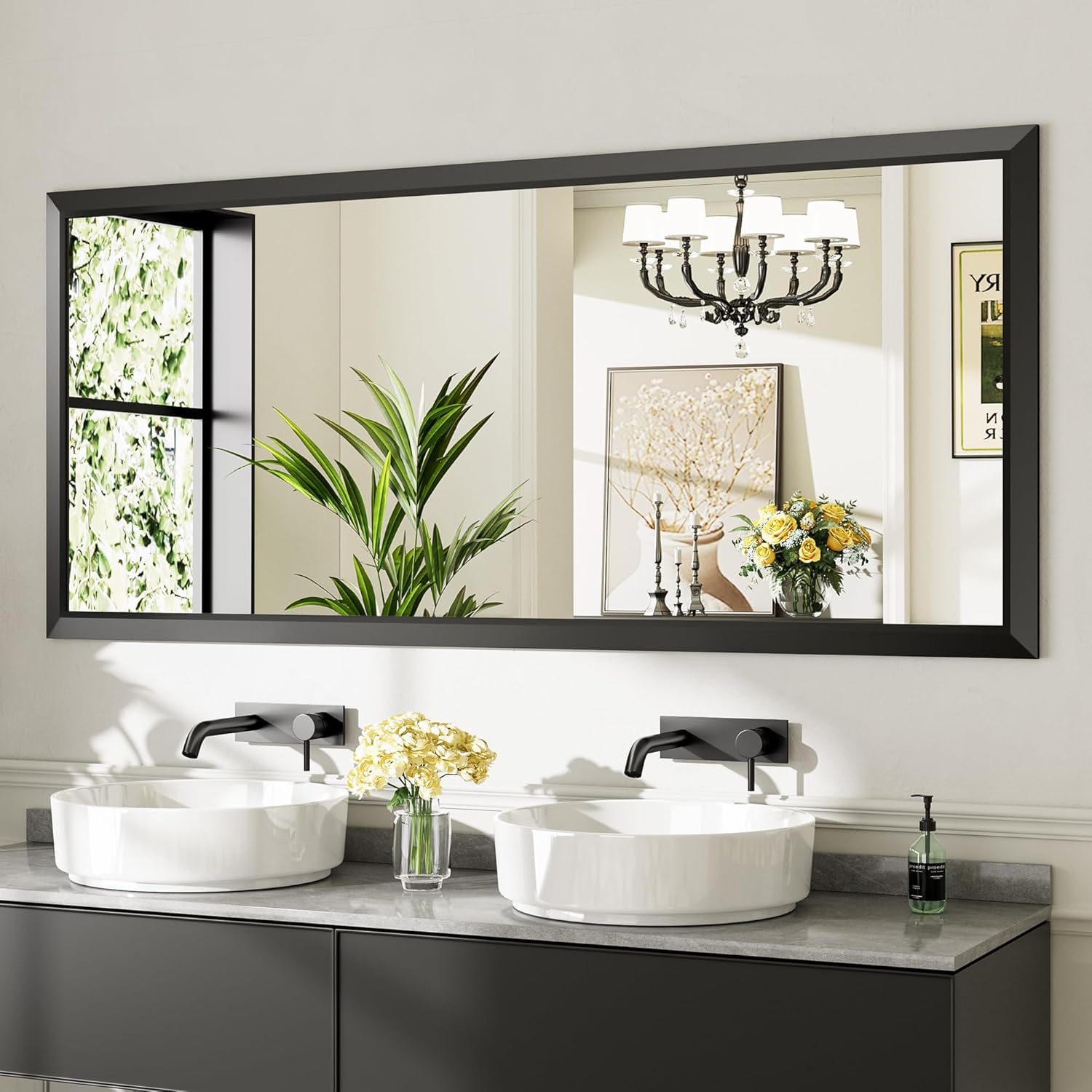 72x32 Inch Black Bathroom Mirror with Thick Metal Frame