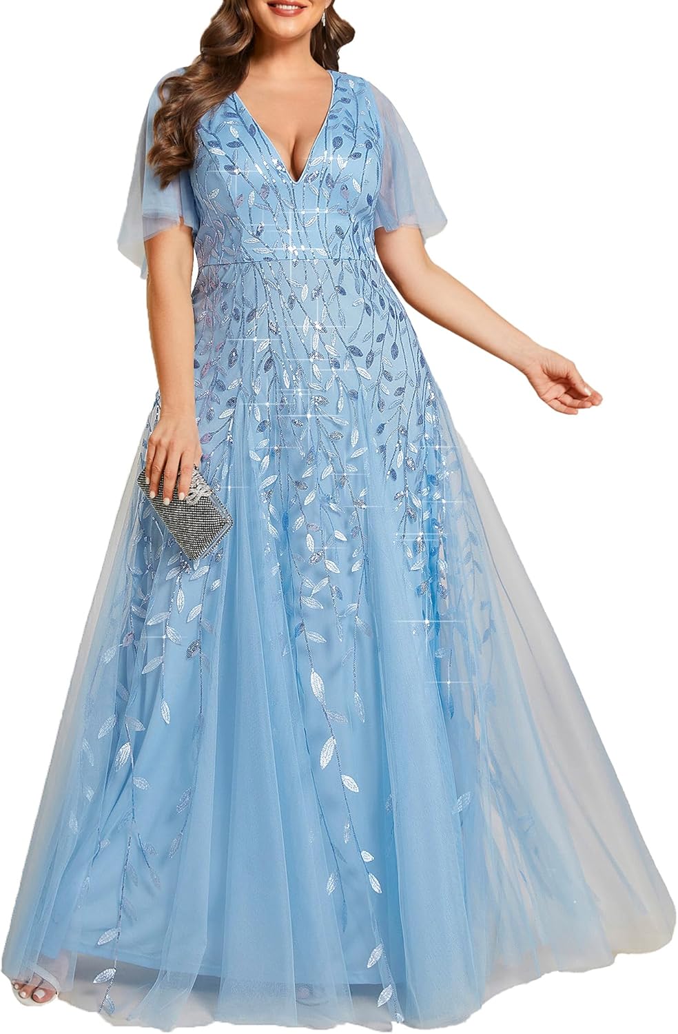 Plus Size V-Neck Sequin Embroidery A-Line Evening Dress