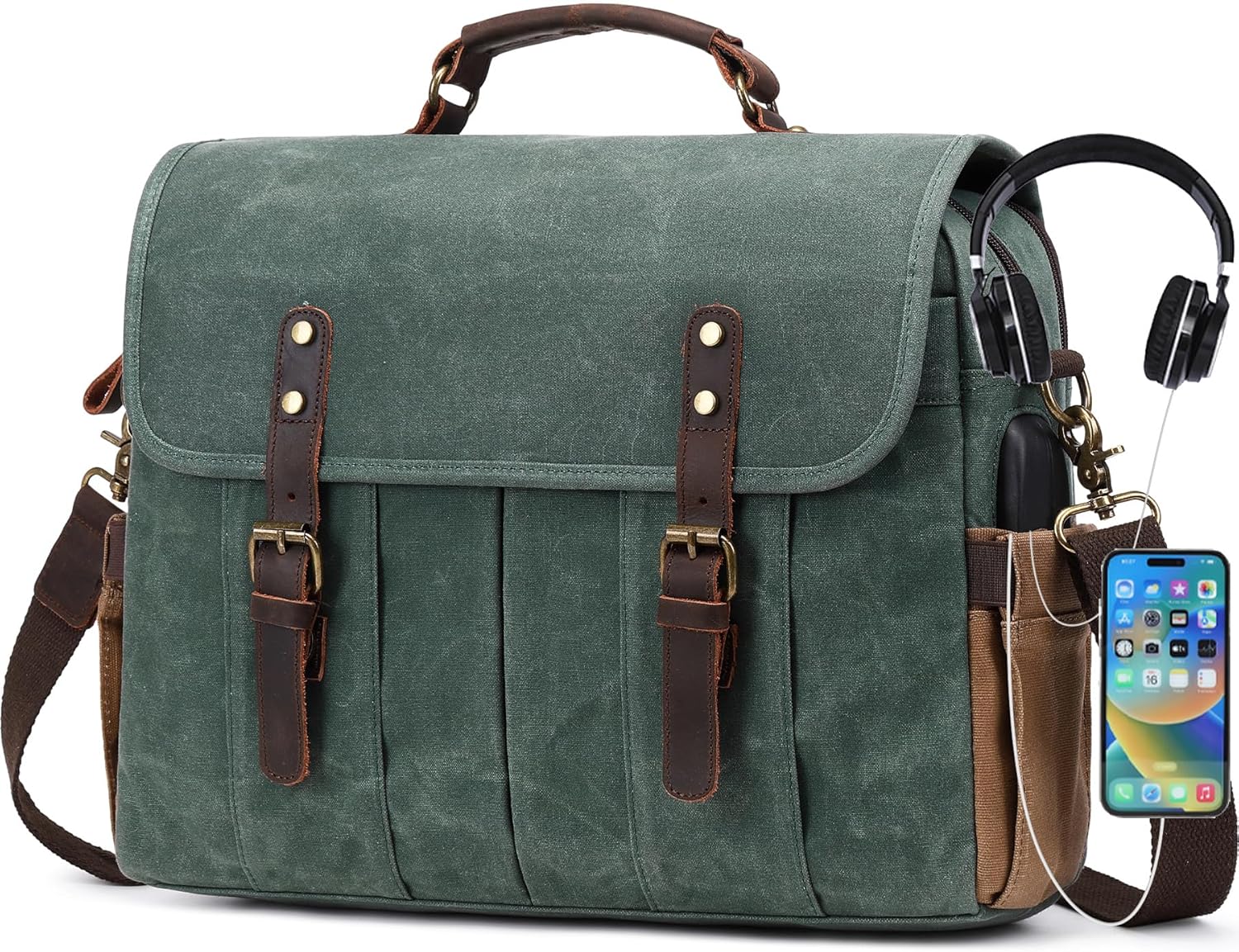 Vintage Canvas Messenger Bag for Men with Genuine Leather