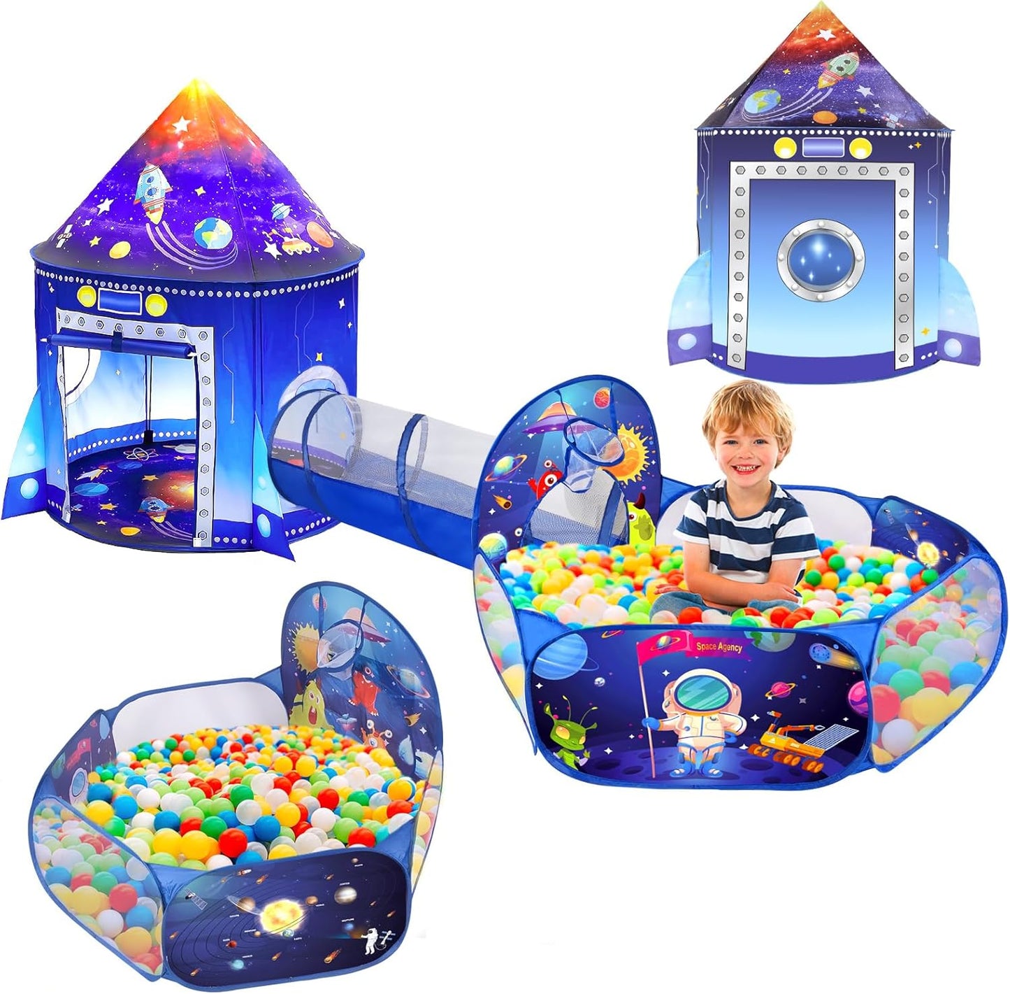 3 in 1 Rocket Ship Play Tent with Tunnel and Ball Pit for Kids