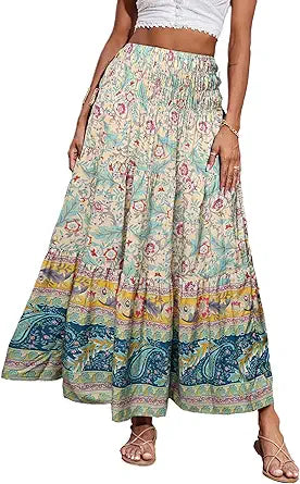 CFLONGE Women's Bohemian Long Skirts Flowy High Waist A Line