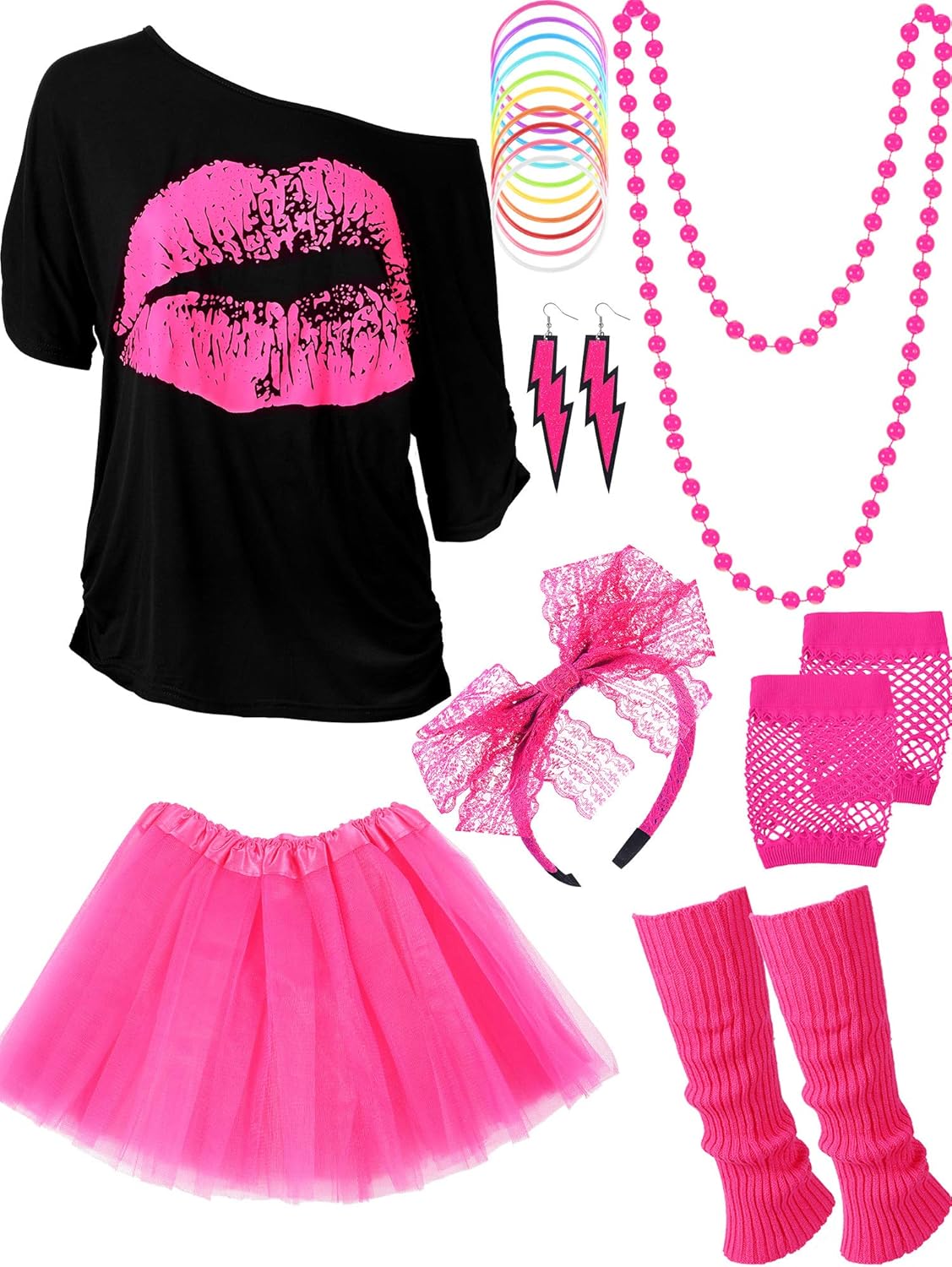 80s Outfit Costume Accessories for Women Neon T Shirt Tutu Skirt