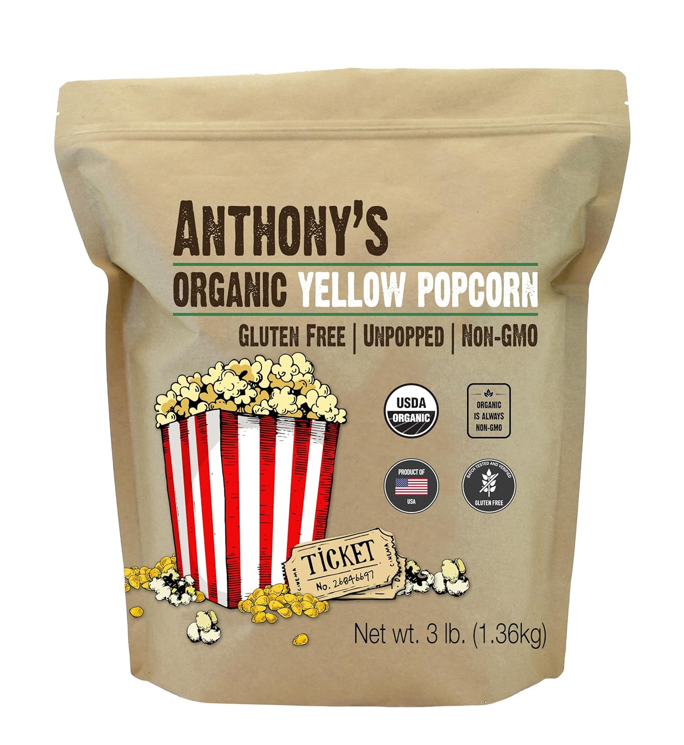 Anthony's Organic Yellow Popcorn Kernels - 3lb UnPopped