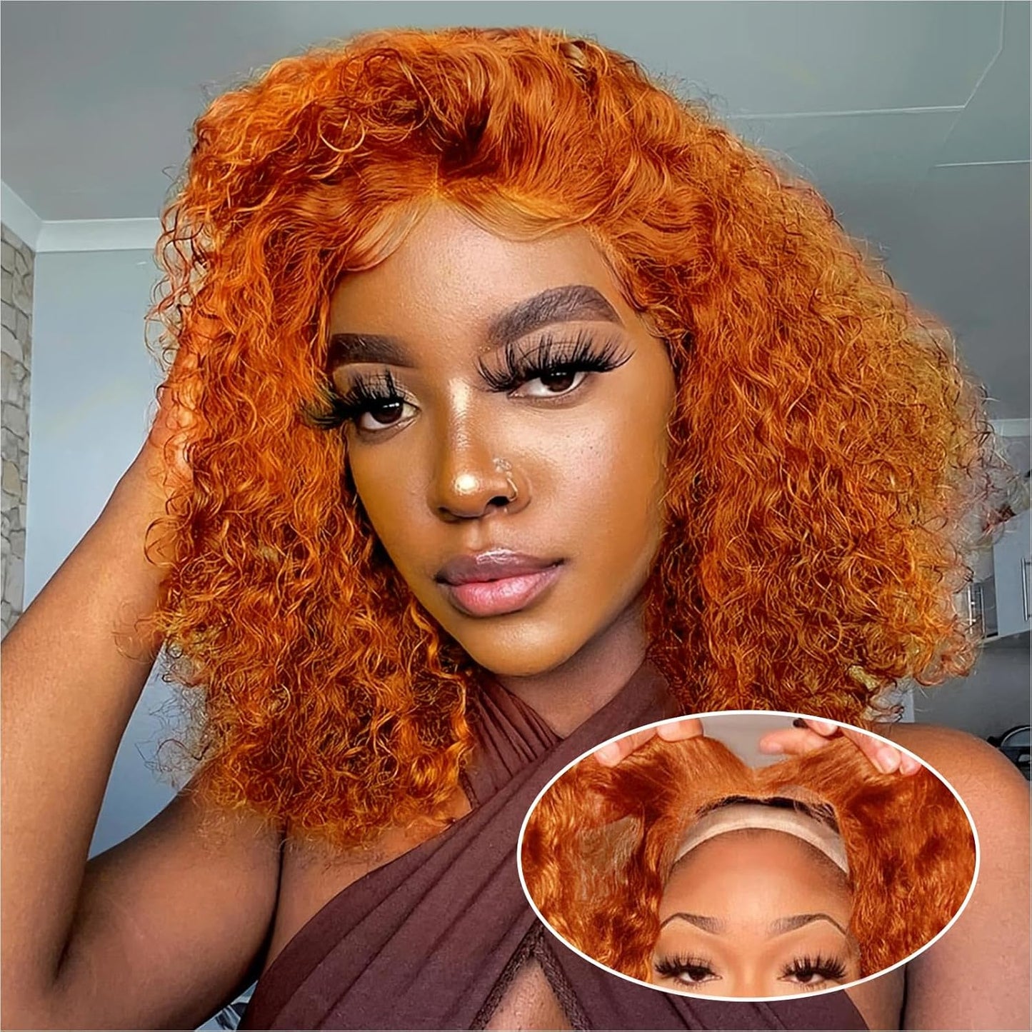Ginger Curly Bob Wig Human Hair 12 Inch 5x5 Lace Closure Wigs