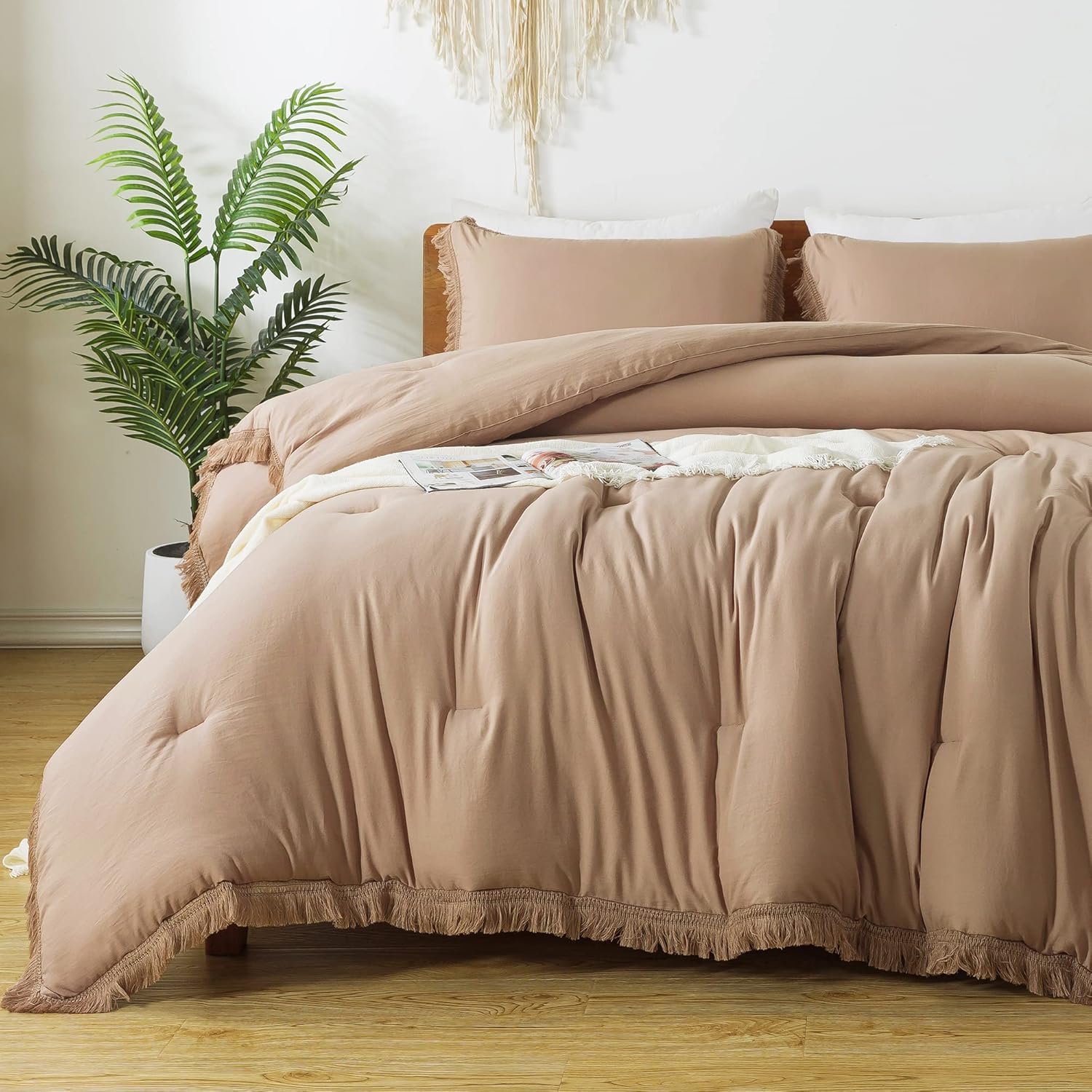Andency Taupe Comforter Set Queen with Boho Tassel Design