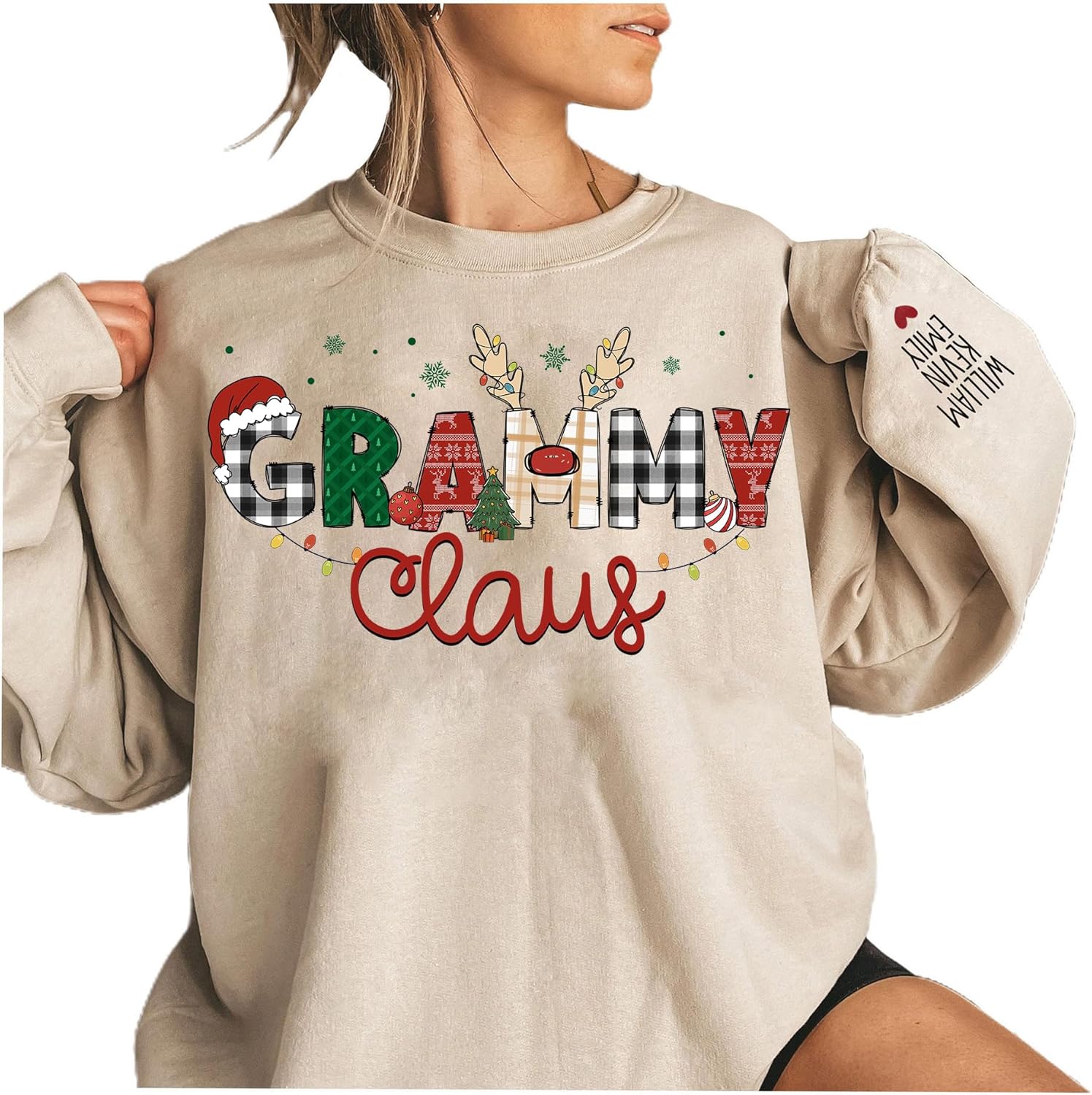 Personalized Grandma Claus Sweatshirt - Kids Names on Sleeve - GLOXO