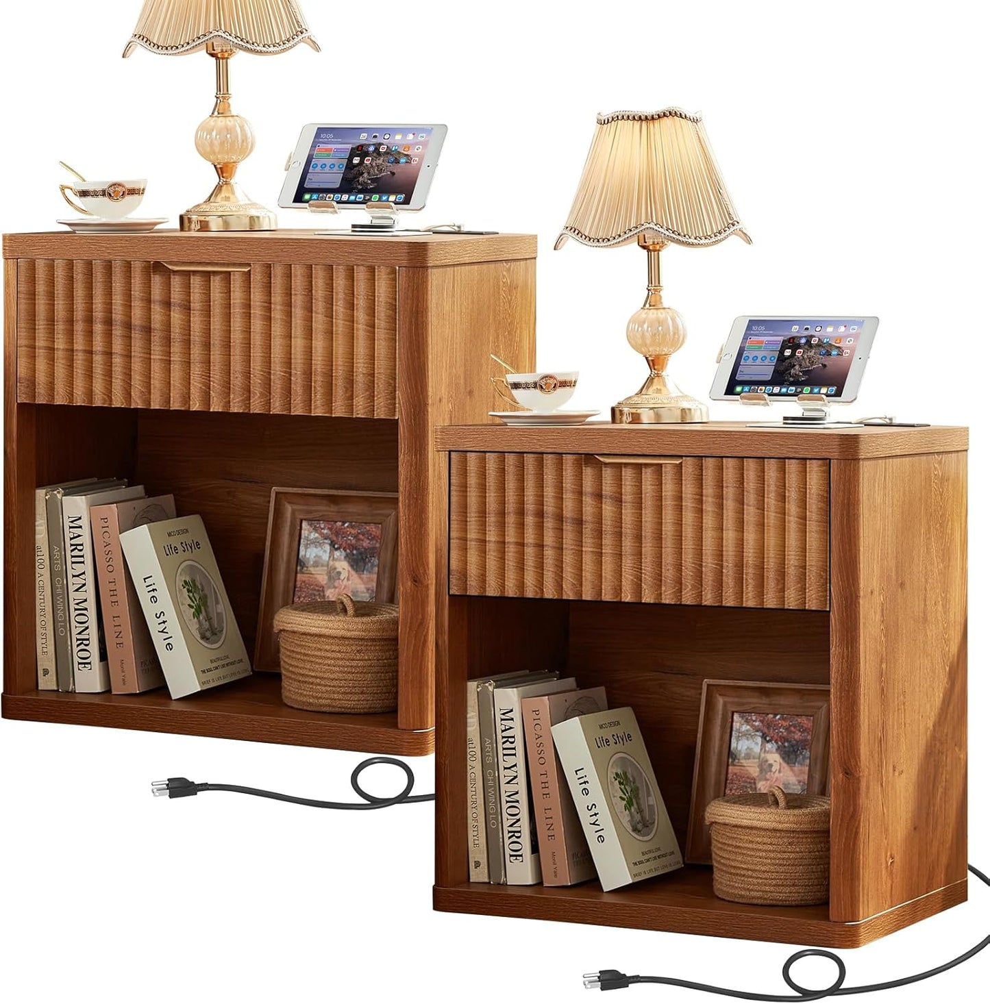 LEYAOYAO Fluted Farmhouse Nightstand Set with Charging Station