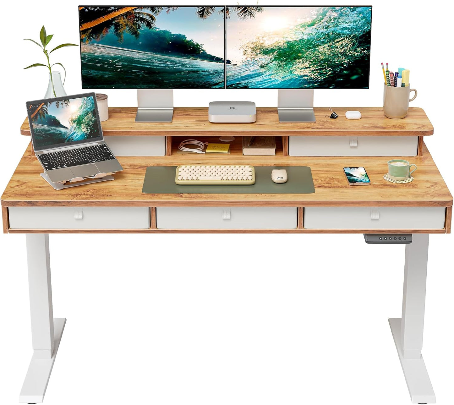 FEZIBO Electric Standing Desk 5 Drawers & Storage 55x24 - Height Adjustable