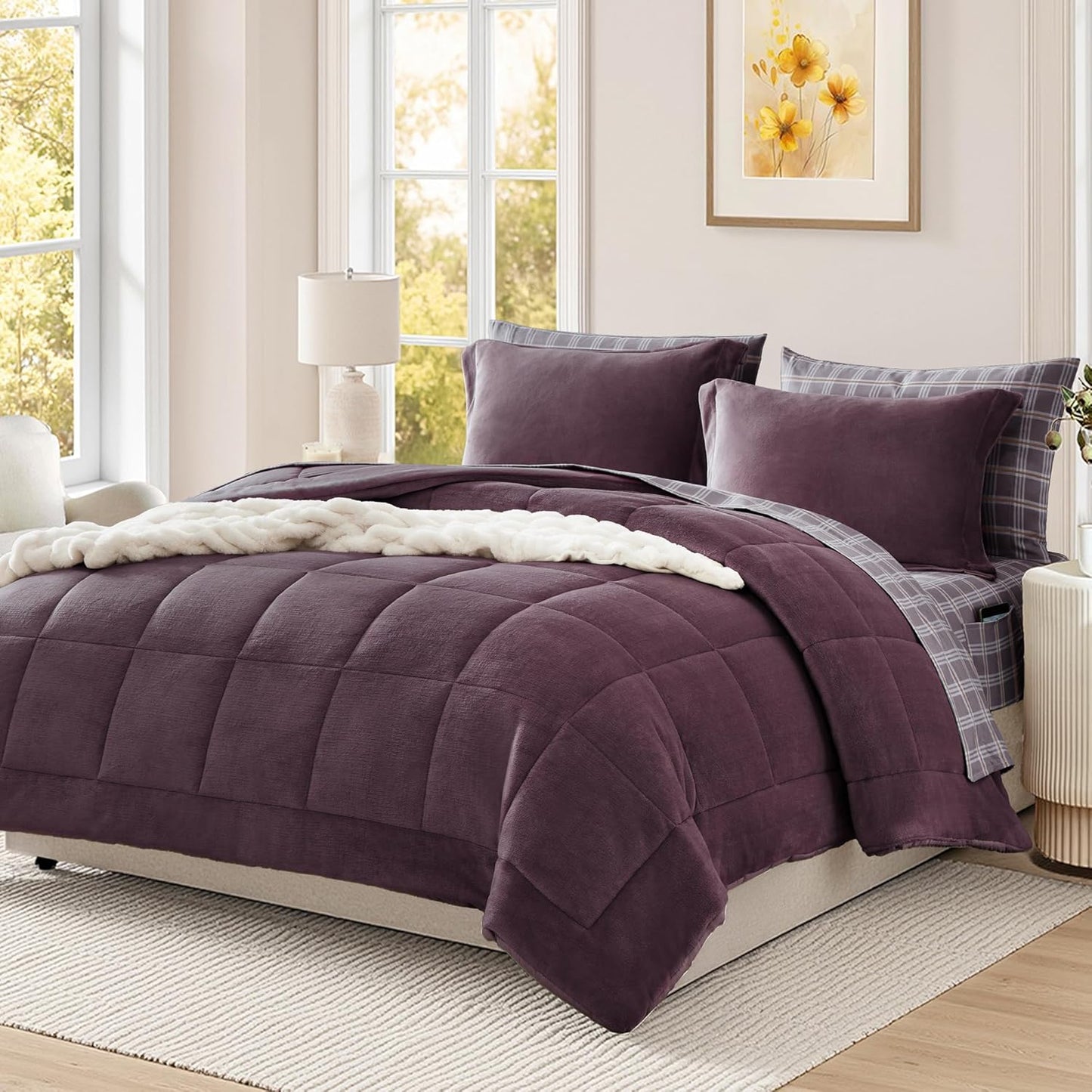 Plush Queen Comforter Set in Purple - 7 Piece Bedding Set