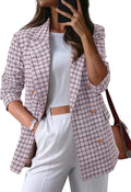 Womens Plaid Tweed Blazer Jacket - Dressy Casual Double Breasted