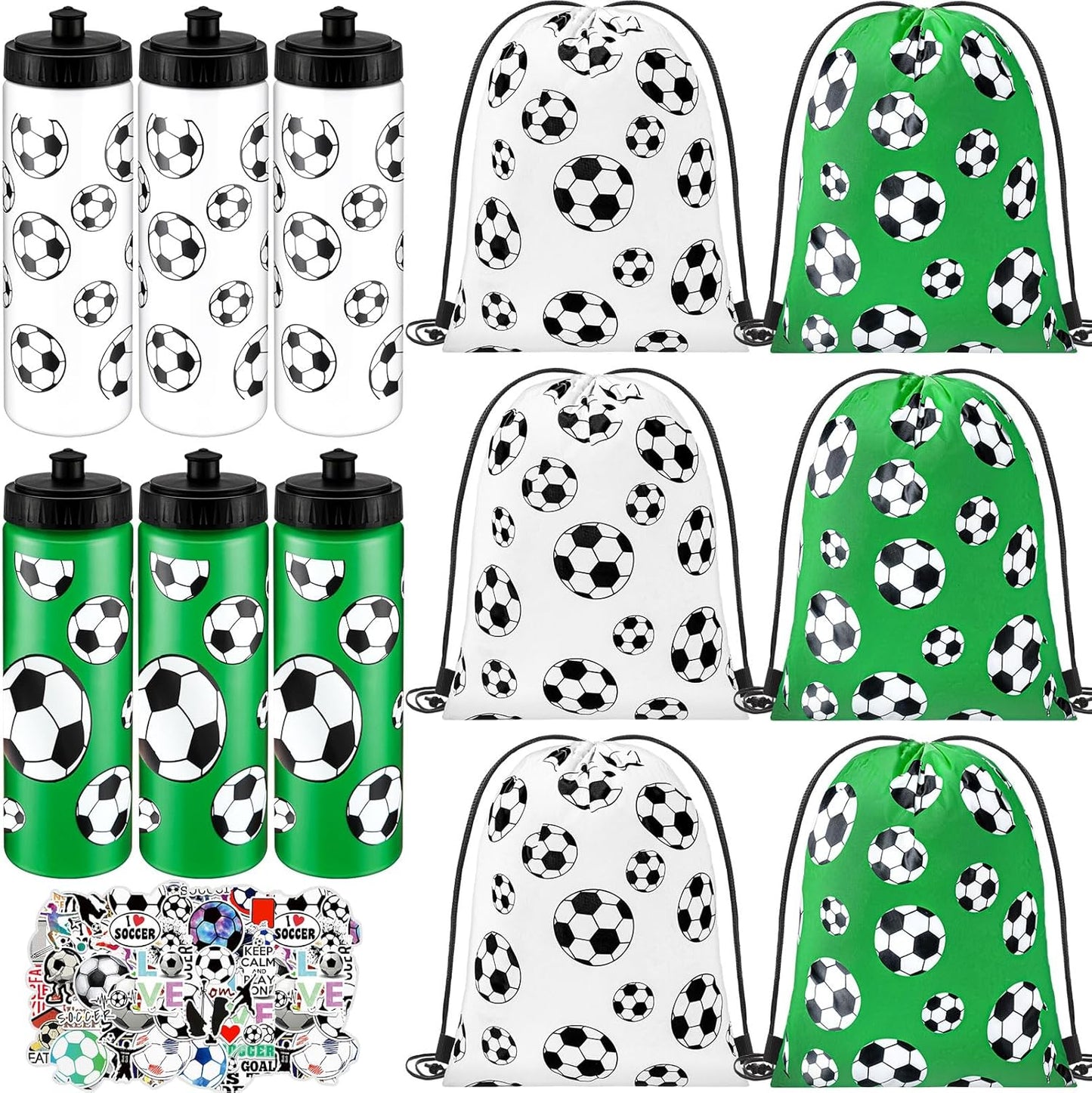 24 Pcs Soccer Water Bottles Set with Drawstring Bags and Stickers