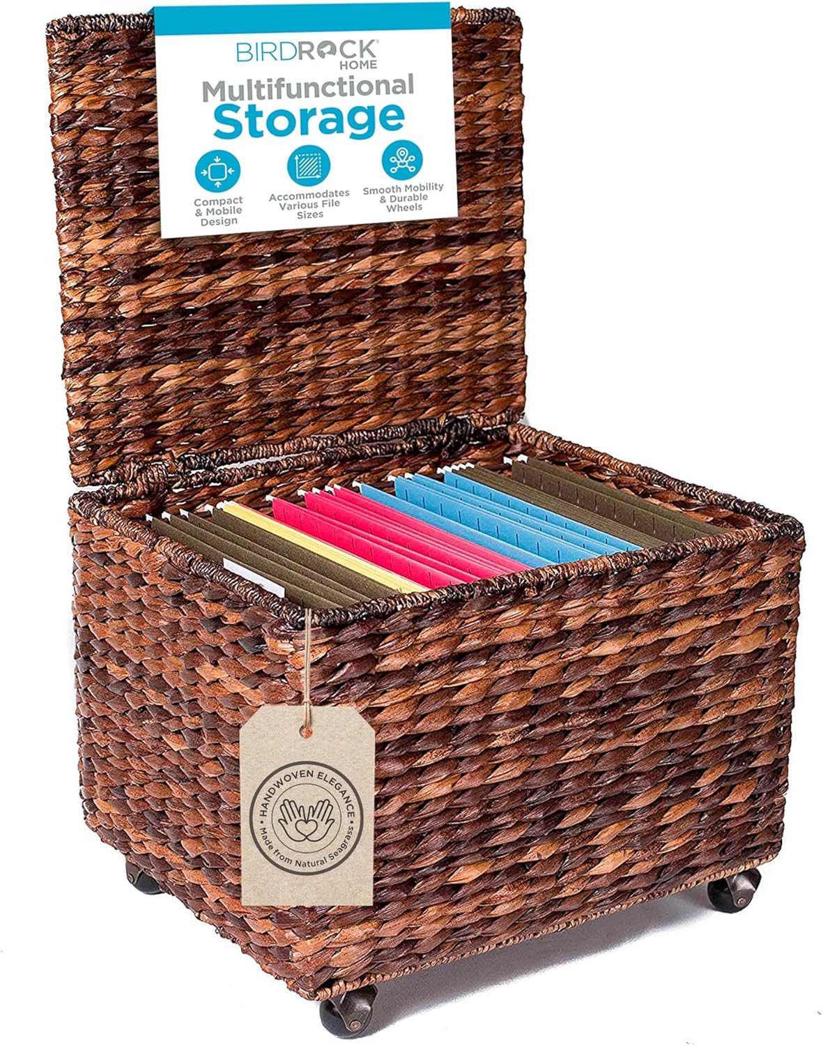 BIRDROCK HOME Seagrass Rolling File Cabinet for Stylish Storage