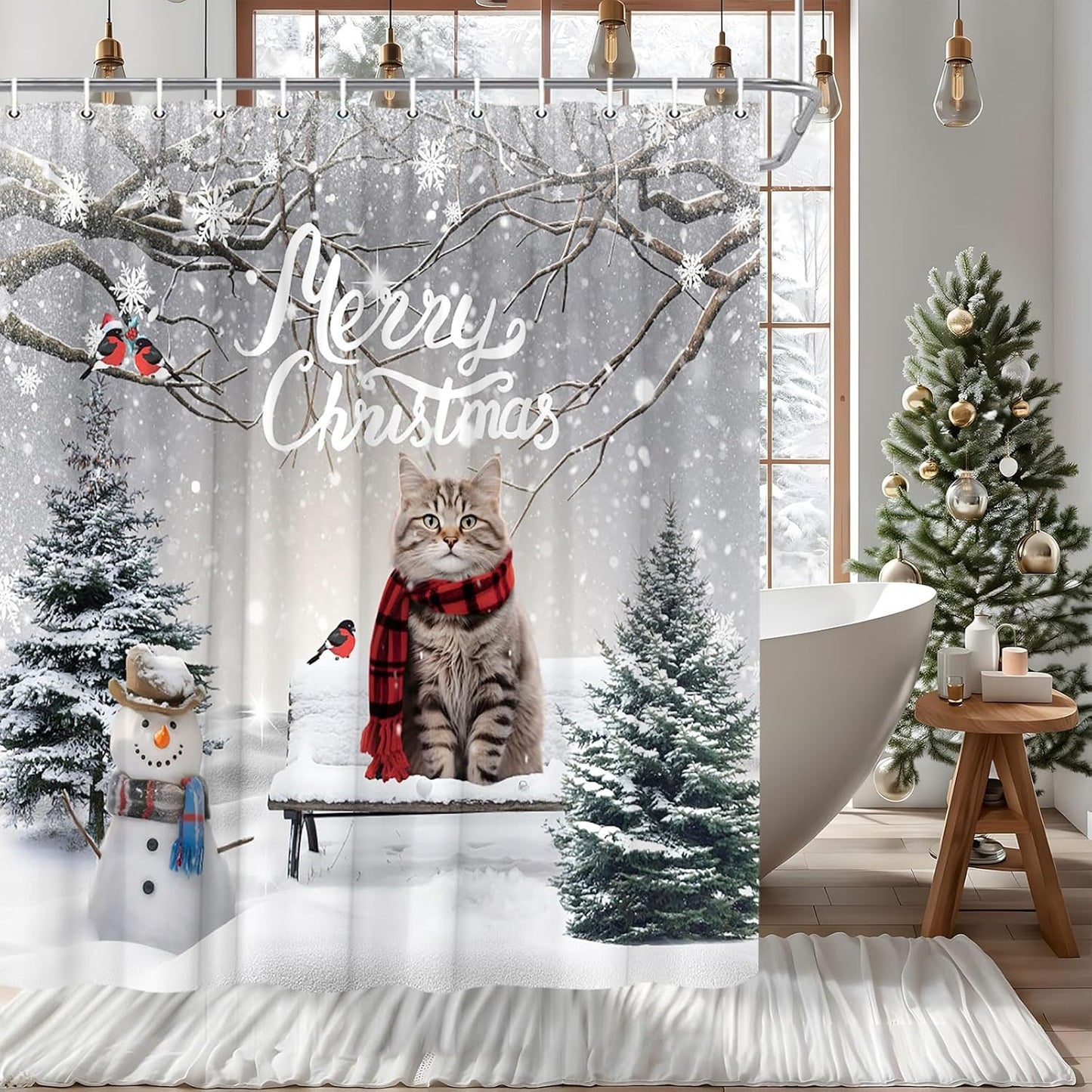 Christmas Cat Snowman Shower Curtain Set