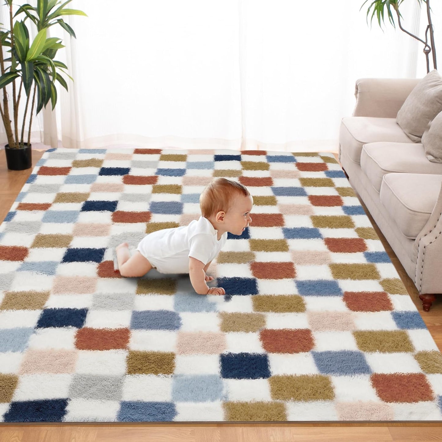 Super Soft Rug for Bedroom, 4x6 Ft Checkered Shaggy Carpet