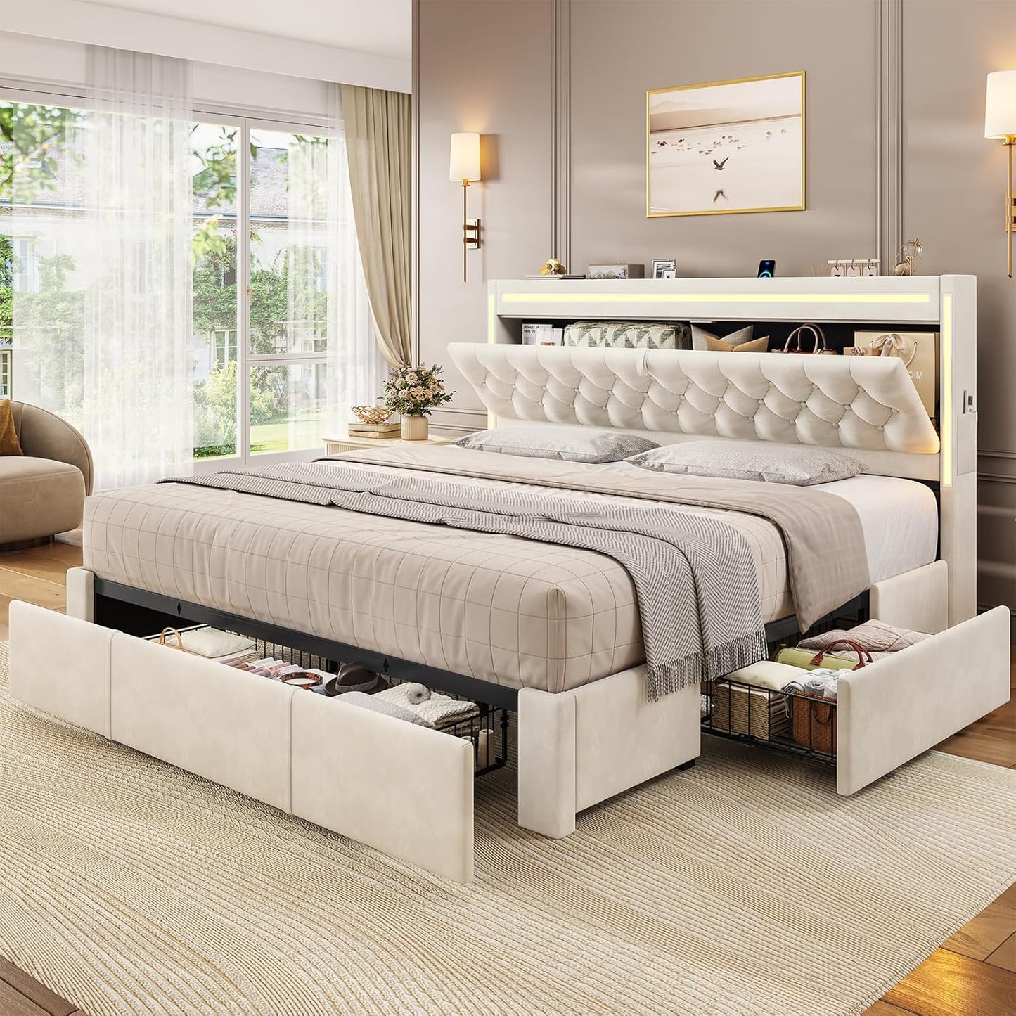 Upholstered LED Bed Frame King Size with Storage Drawers