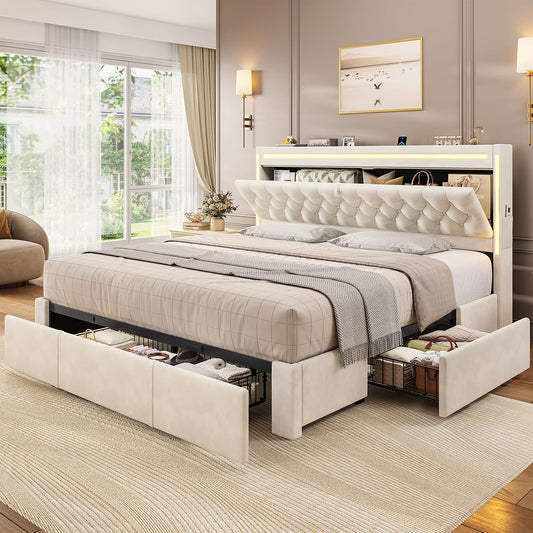 Upholstered LED Bed Frame King Size with Storage Drawers