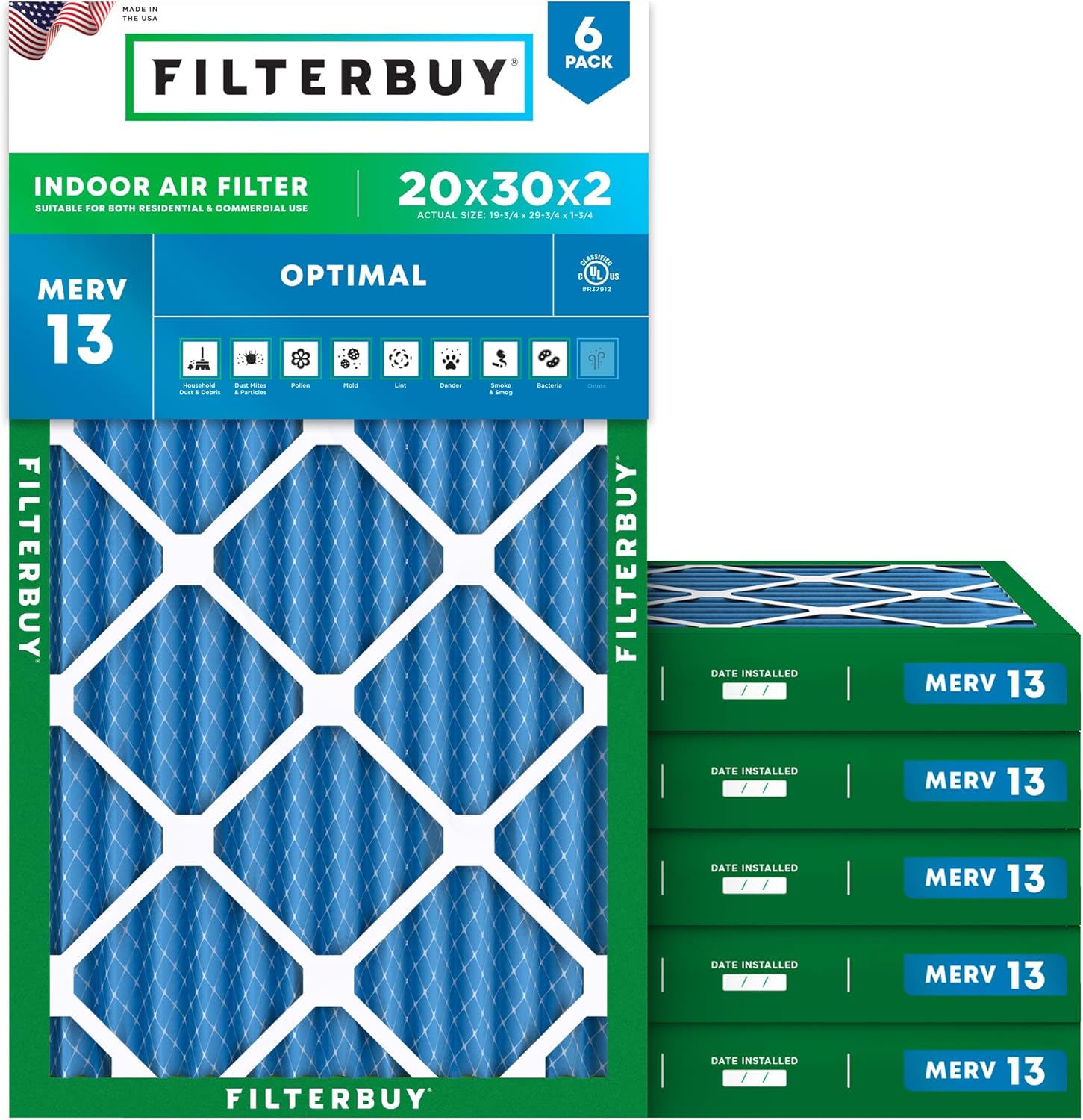 Filterbuy 20x30x2 Air Filter MERV 13 for Smoke & Allergy Defense