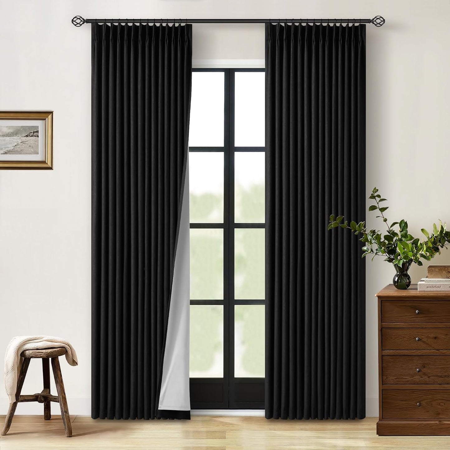 Black Pinch Pleated Linen Blackout Curtains for Living Room