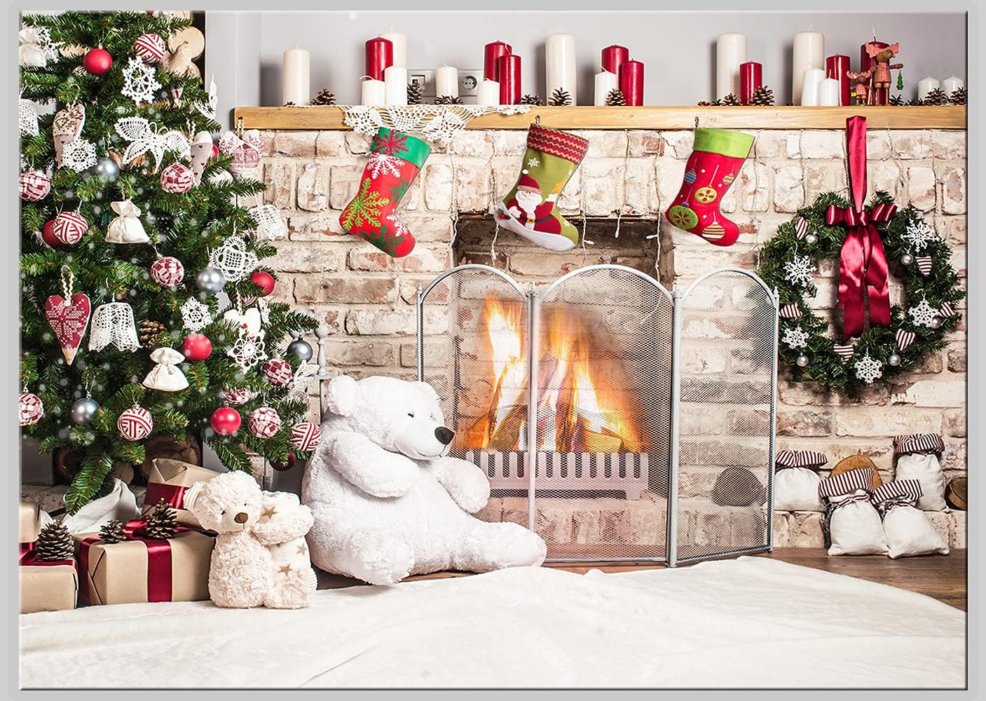 Dudaacvt 10x8ft Christmas Fireplace Backdrops for Family Parties