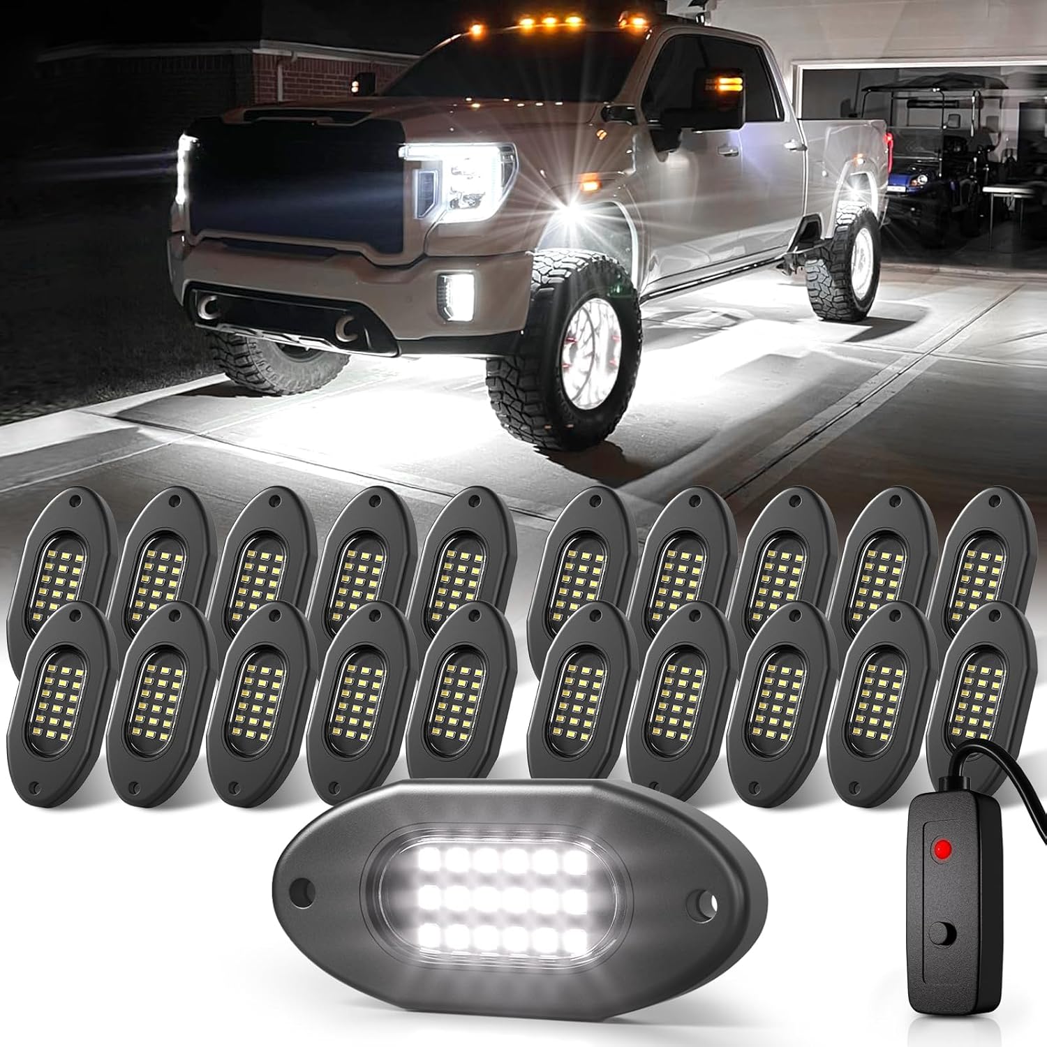 Honalia Pure White Rock Lights for Trucks - 20 Pods, 6000K LED