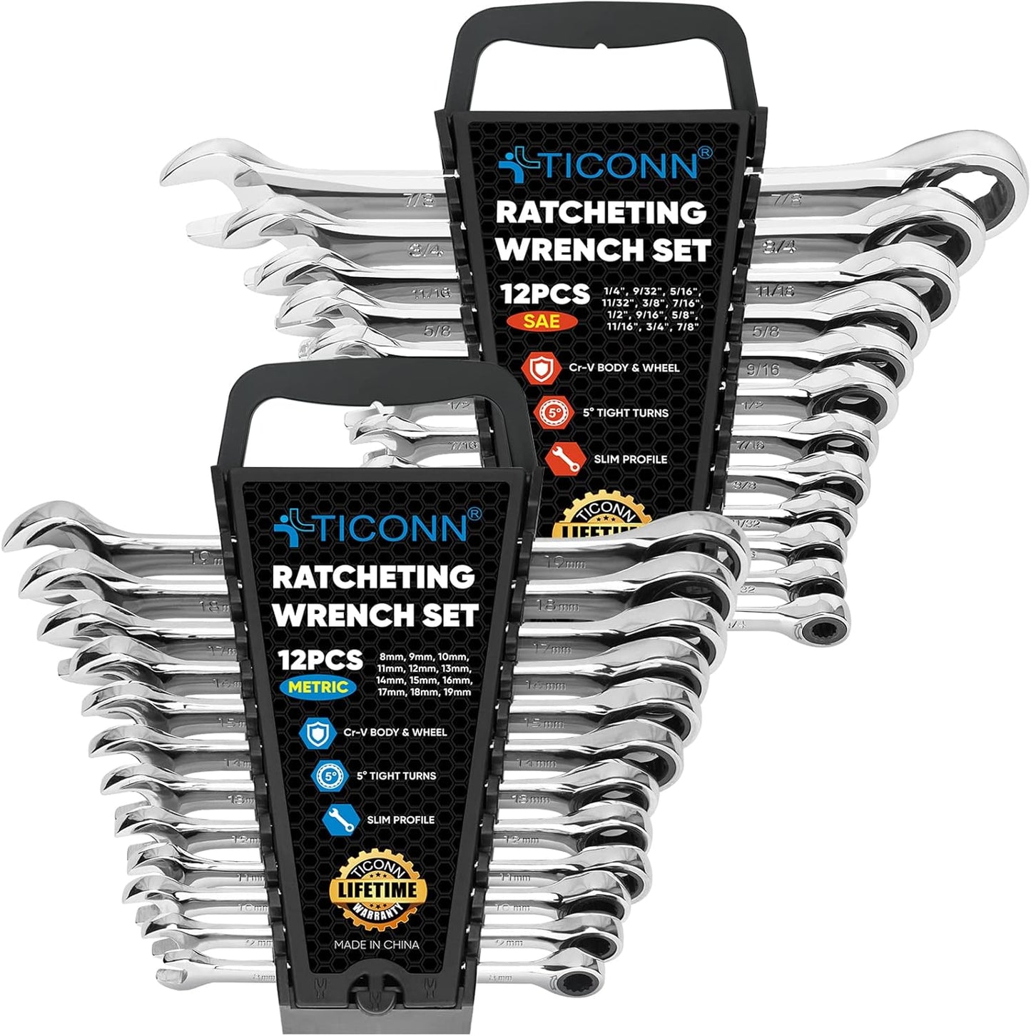 TICONN 24PCS Ratcheting Wrench Set for Professional Mechanics