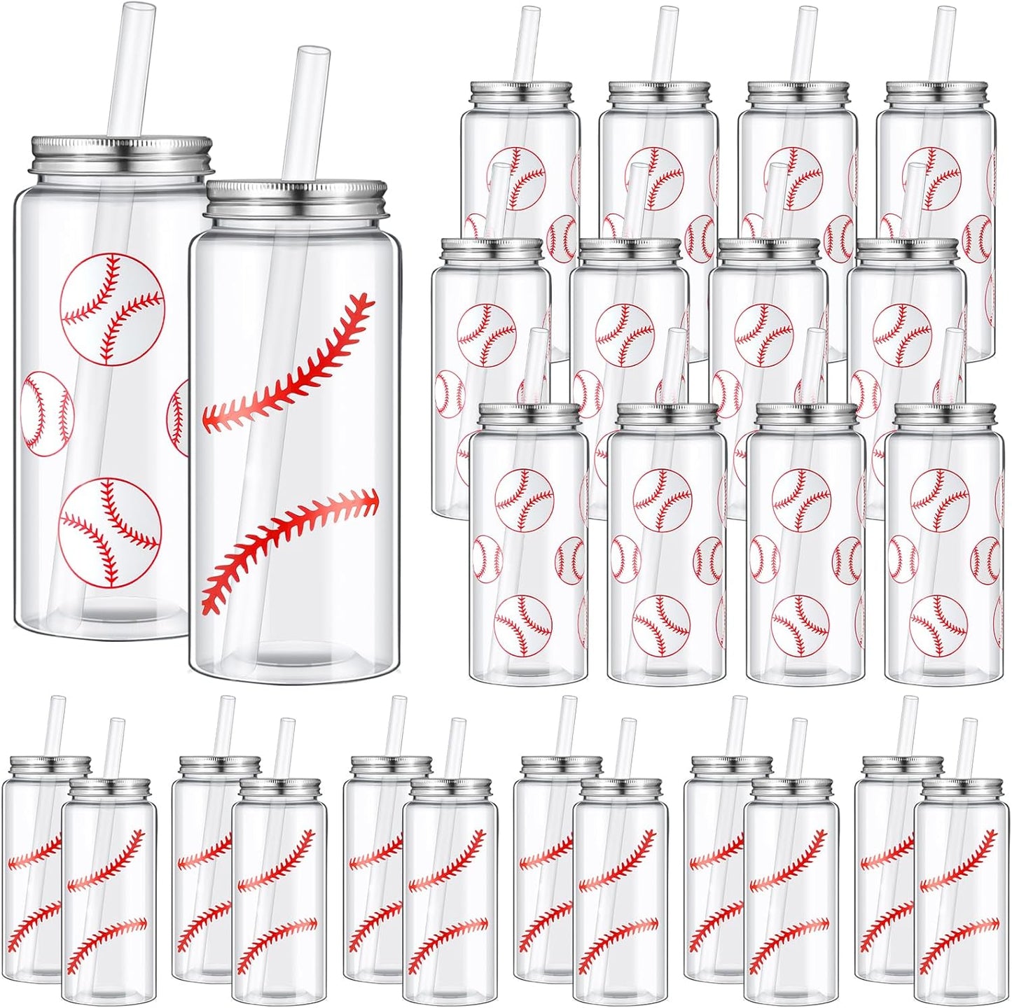 24 Pack Baseball Plastic Cups with Lid and Straw for Parties