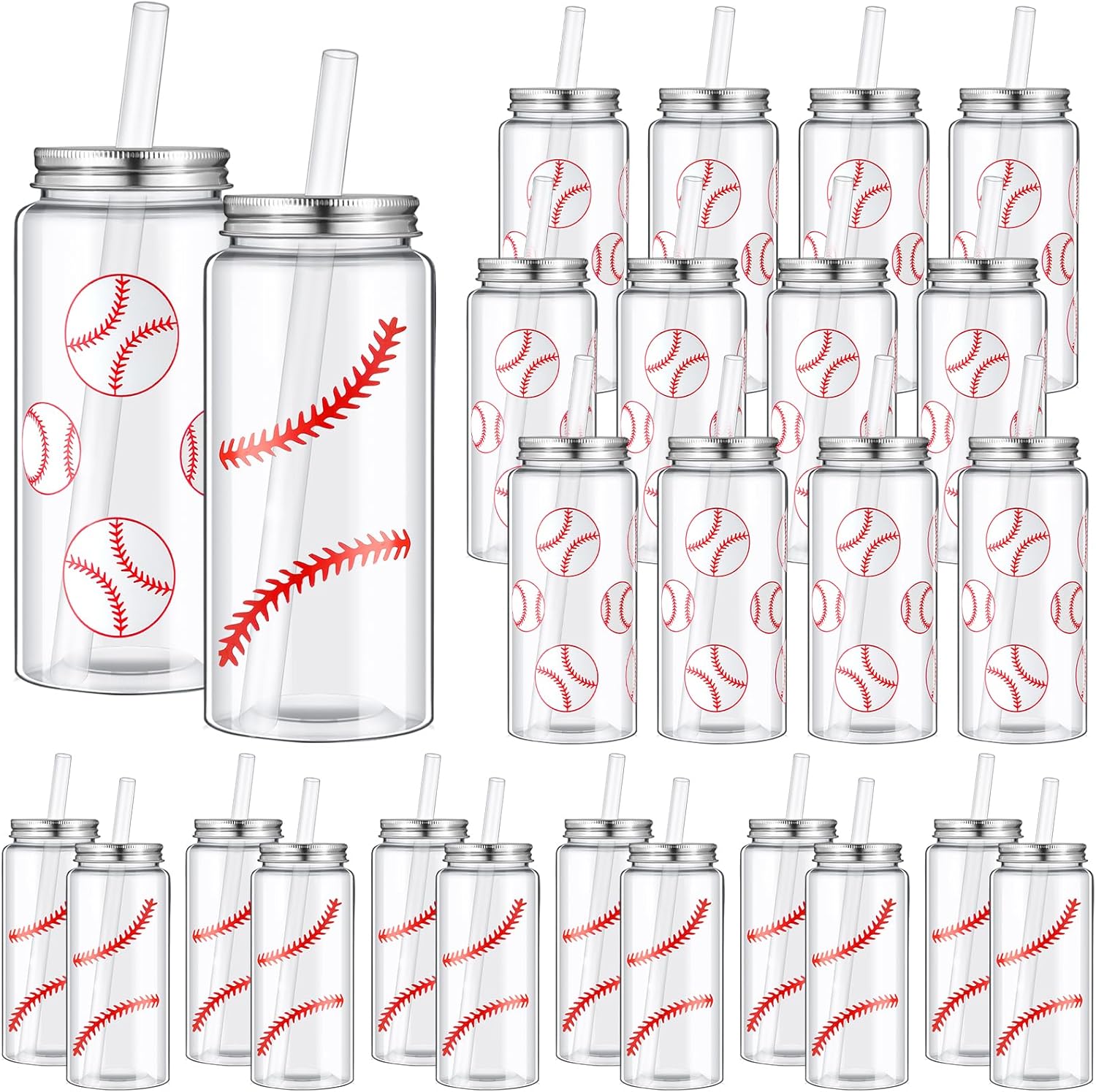 24 Pack Baseball Plastic Cups with Lid and Straw for Parties