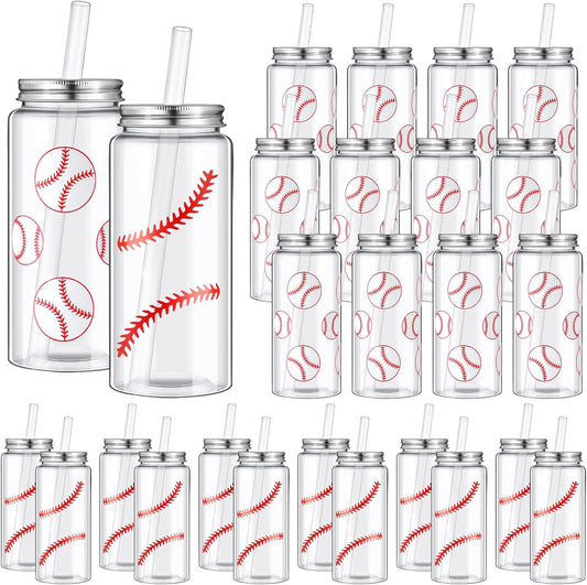 24 Pack Baseball Plastic Cups with Lid and Straw for Parties