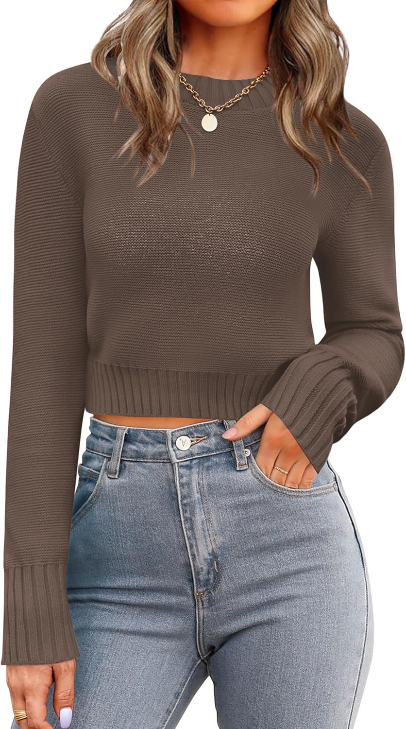 Trendy Long Sleeve Ribbed Knit Cropped Sweater for Women