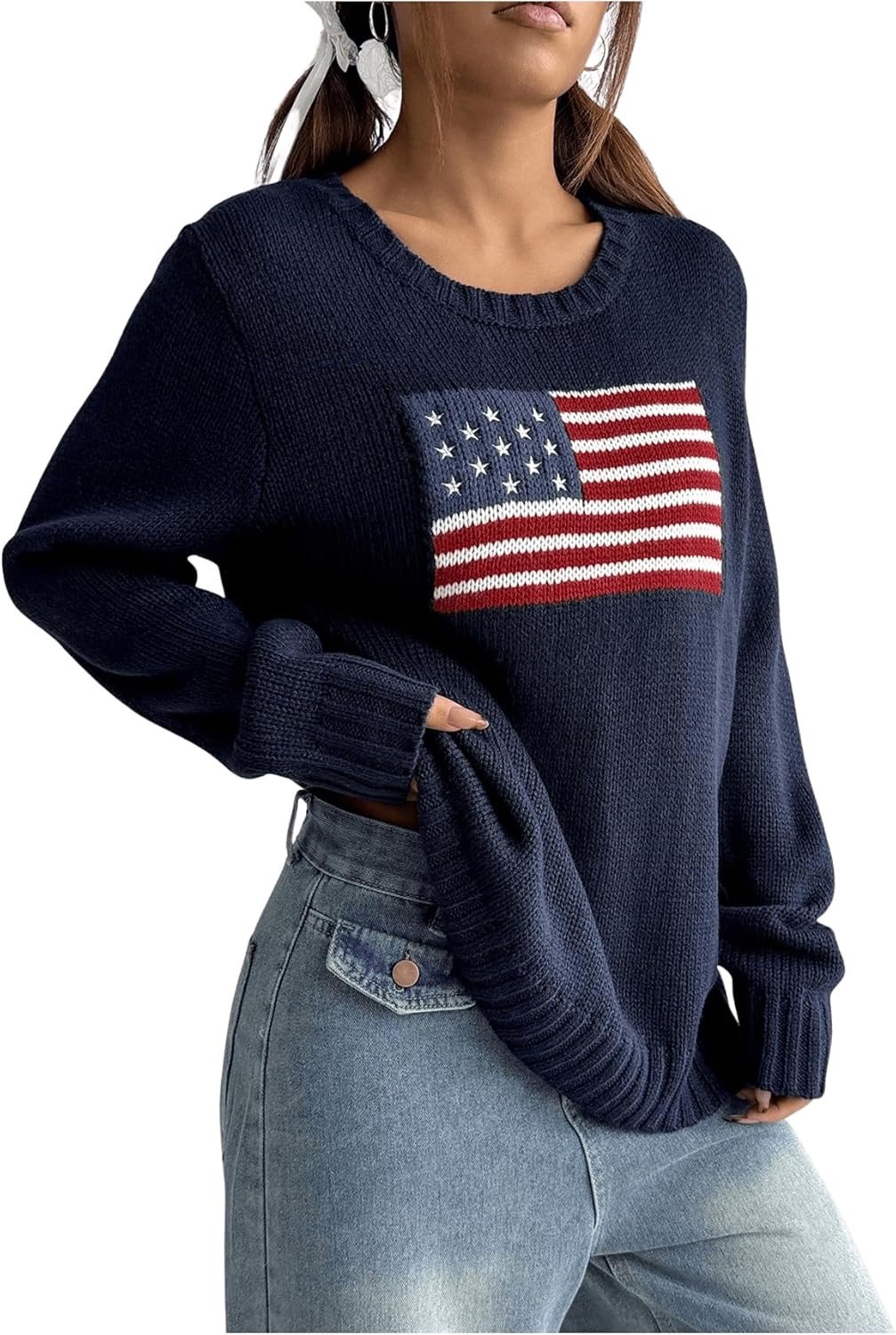 SweatyRocks Women's Flag Pattern Long Sleeve Pullover Sweater