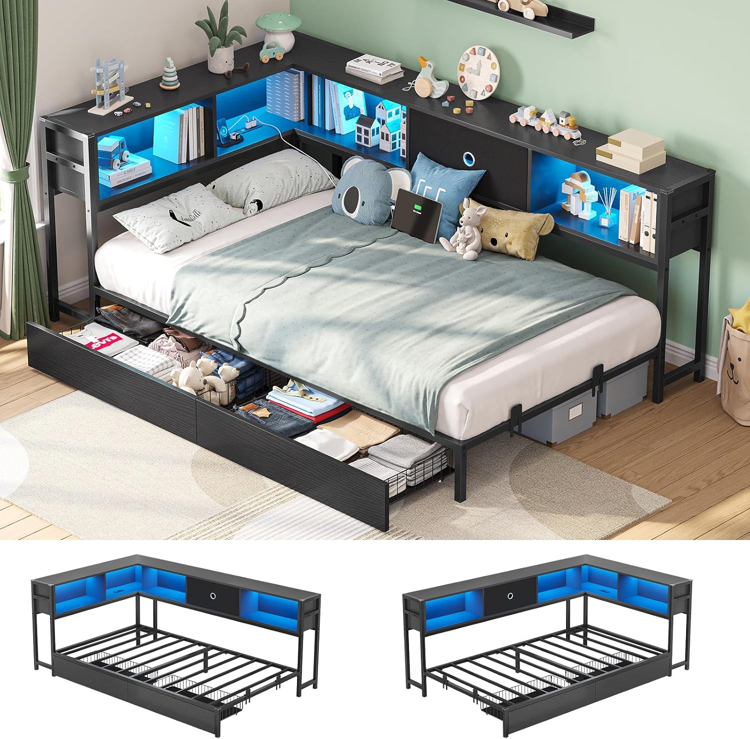 Hasuit Corner Bed Frame with Storage and LED Light for Kids