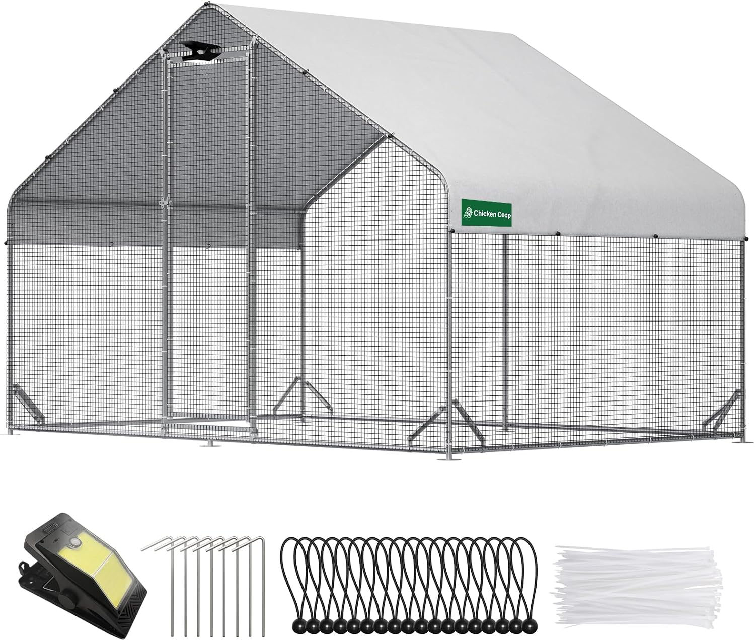 Large Walk-in Metal Chicken Coop with Run & Solar Light Features