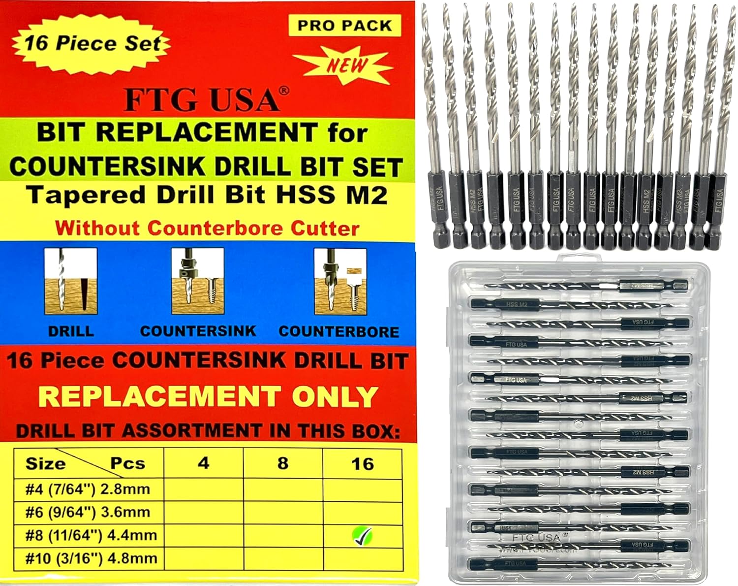 FTG USA 16 Pc Tapered Countersink Drill Bit Set for Wood