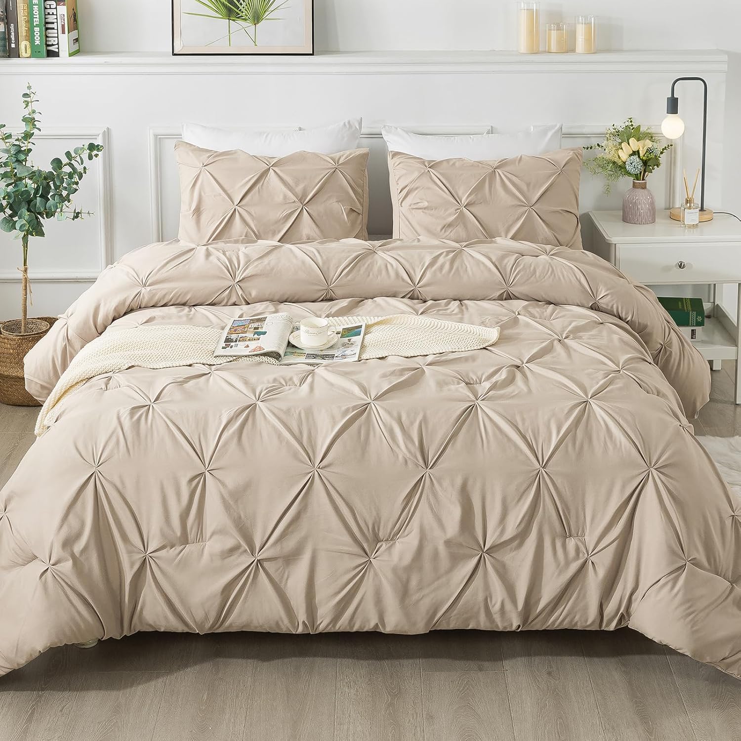 Andency Full Comforter Set Khaki, Elegant Pintuck Bedding Set