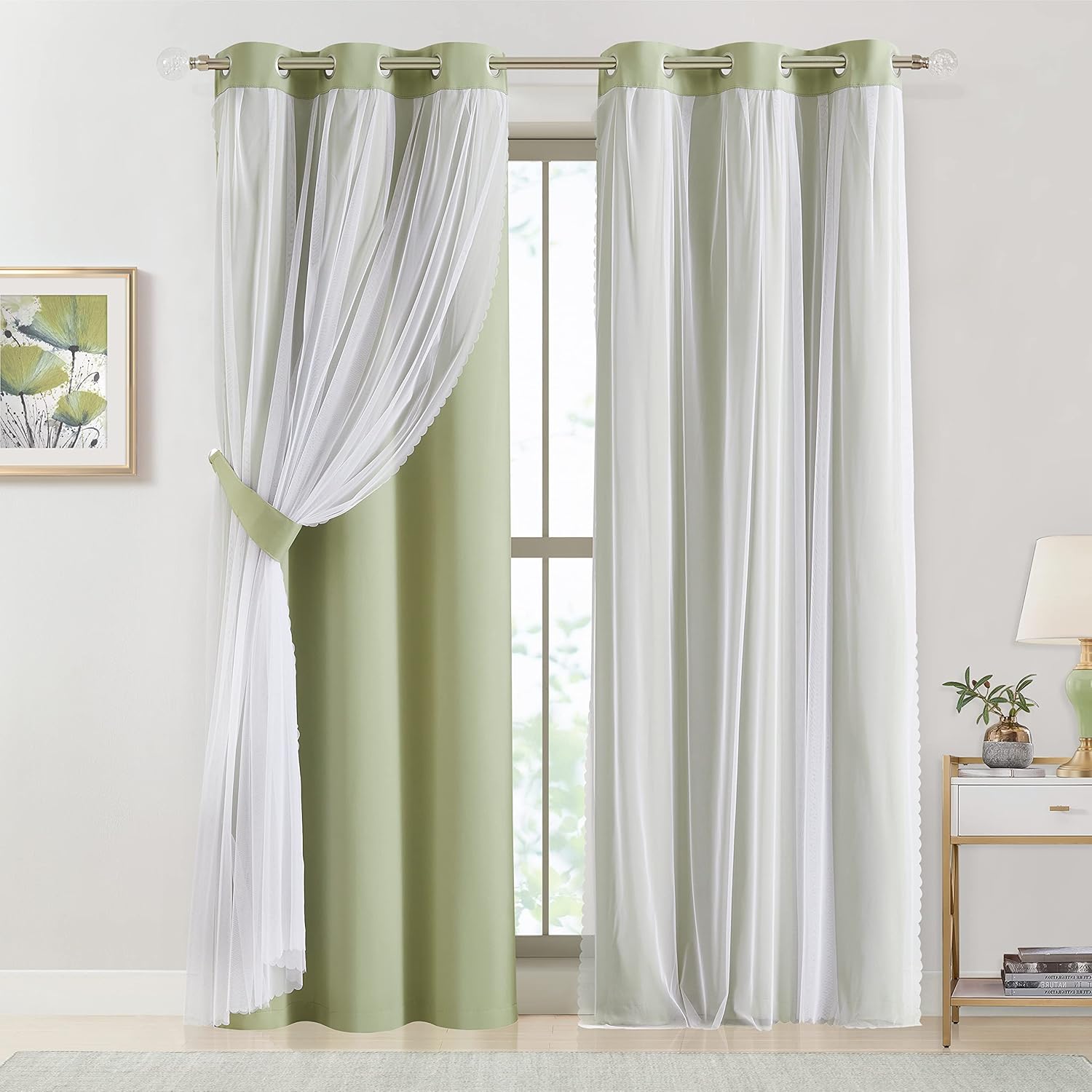 Bujasso Sage Green 90% Blackout Curtains with Sheer Overlay