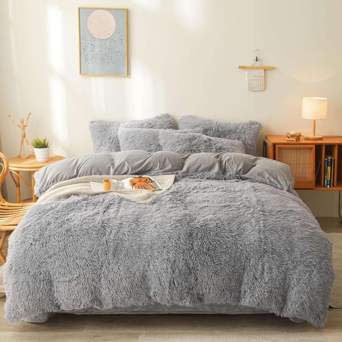 Plush Comforter Cover Set Queen - Ultra Soft Fuzzy Gray Bedding