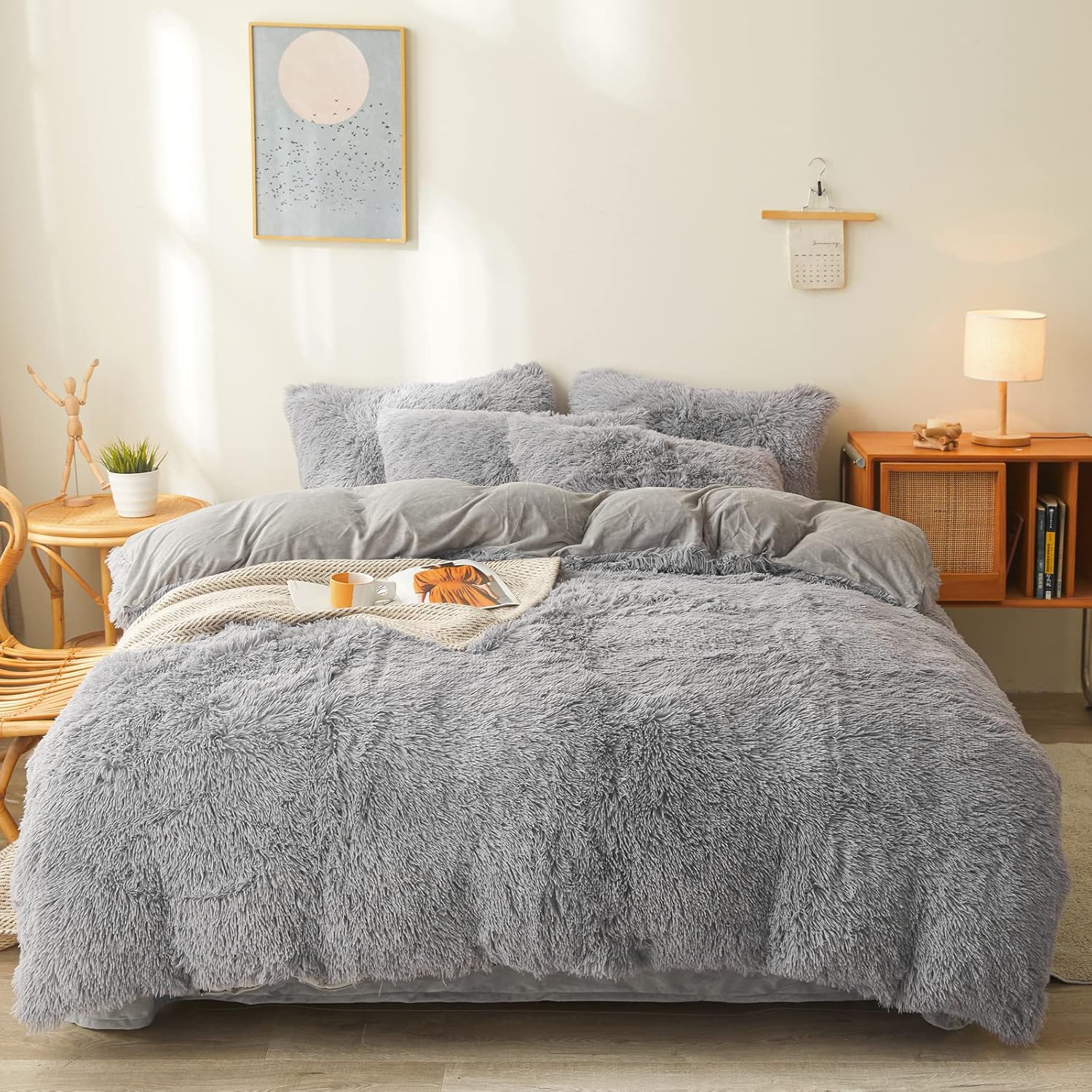 Plush Comforter Cover Set Queen - Ultra Soft Fuzzy Gray Bedding