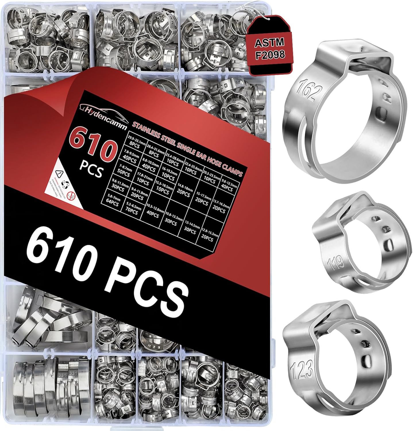 610PCS 23 Sizes Single Ear Hose Clamps for Automotive and More