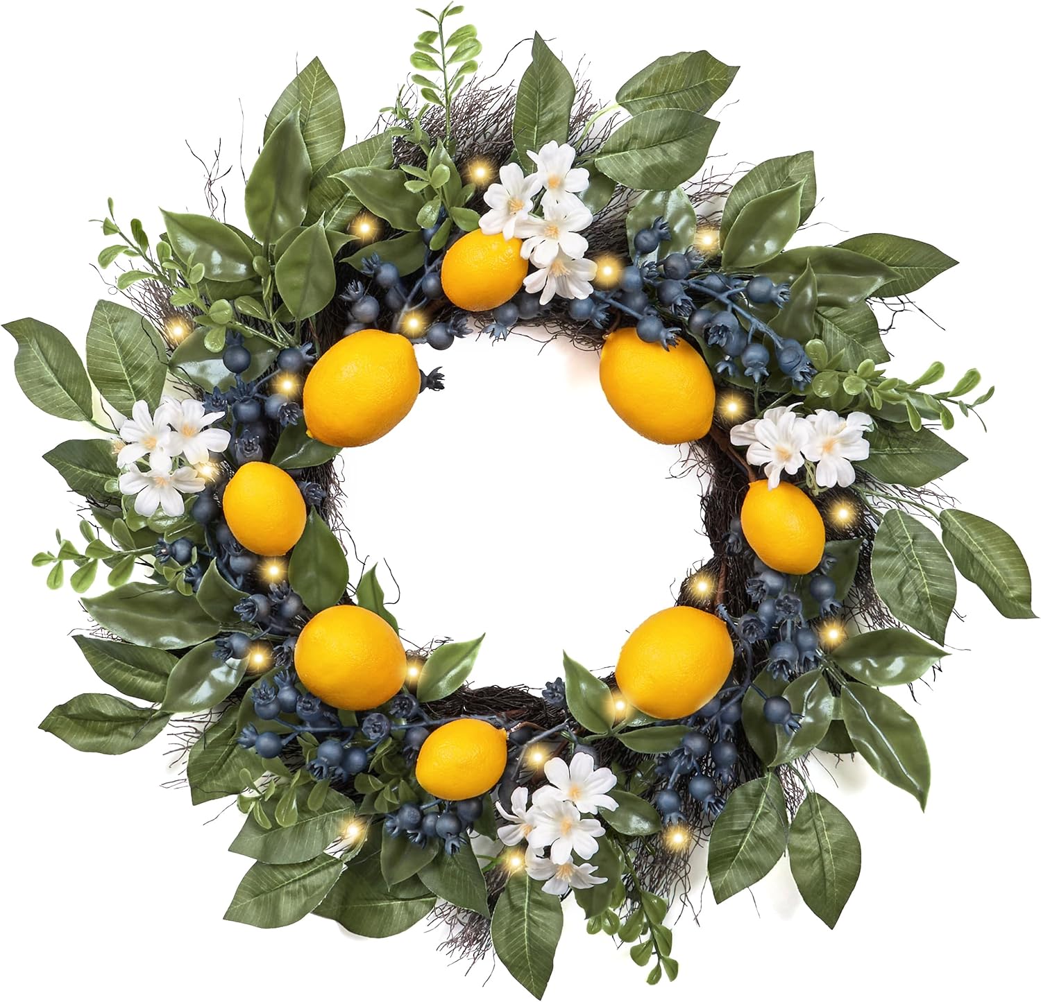 Summer Artificial Lemon Wreath for Front Door with Lights