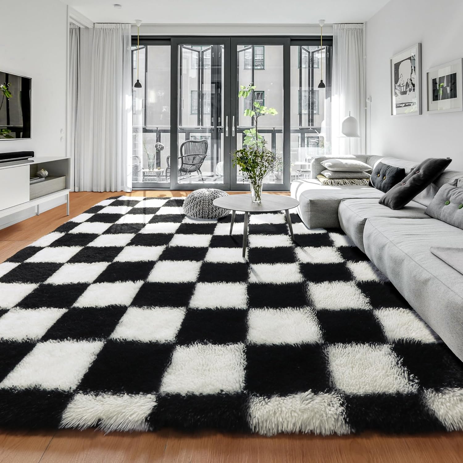 KICMOR 7x9 Area Rug - Black and White Fluffy Shag Carpet