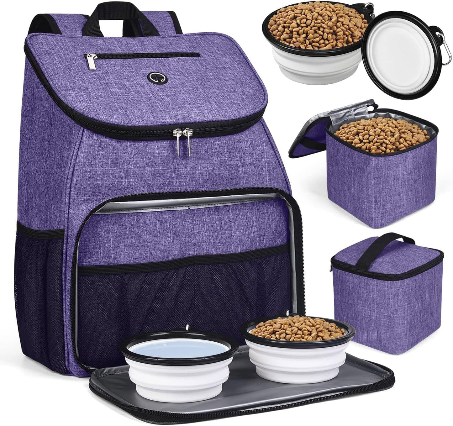 Dog Travel Backpack with Collapsible Bowls and Food Baskets