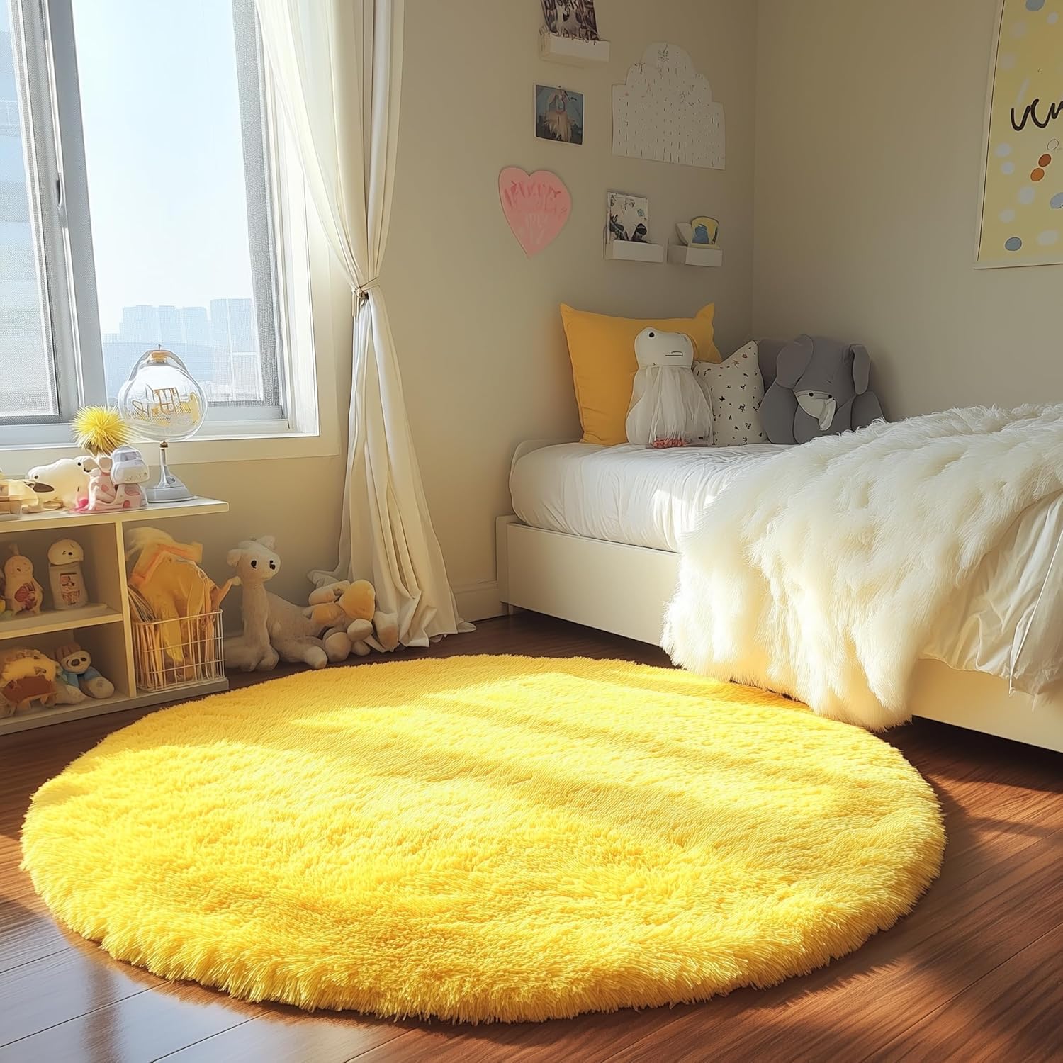 PAGISOFE Round Area Rugs 5Ft - Fluffy Yellow Carpets for Kids
