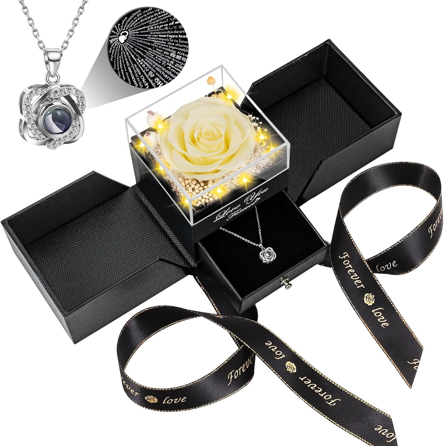 Preserved Lemon Yellow Real Rose with Heart Necklace Gift Set