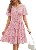 Women's Sping Summer V Neck Smocked Waist Tiered Midi Dress