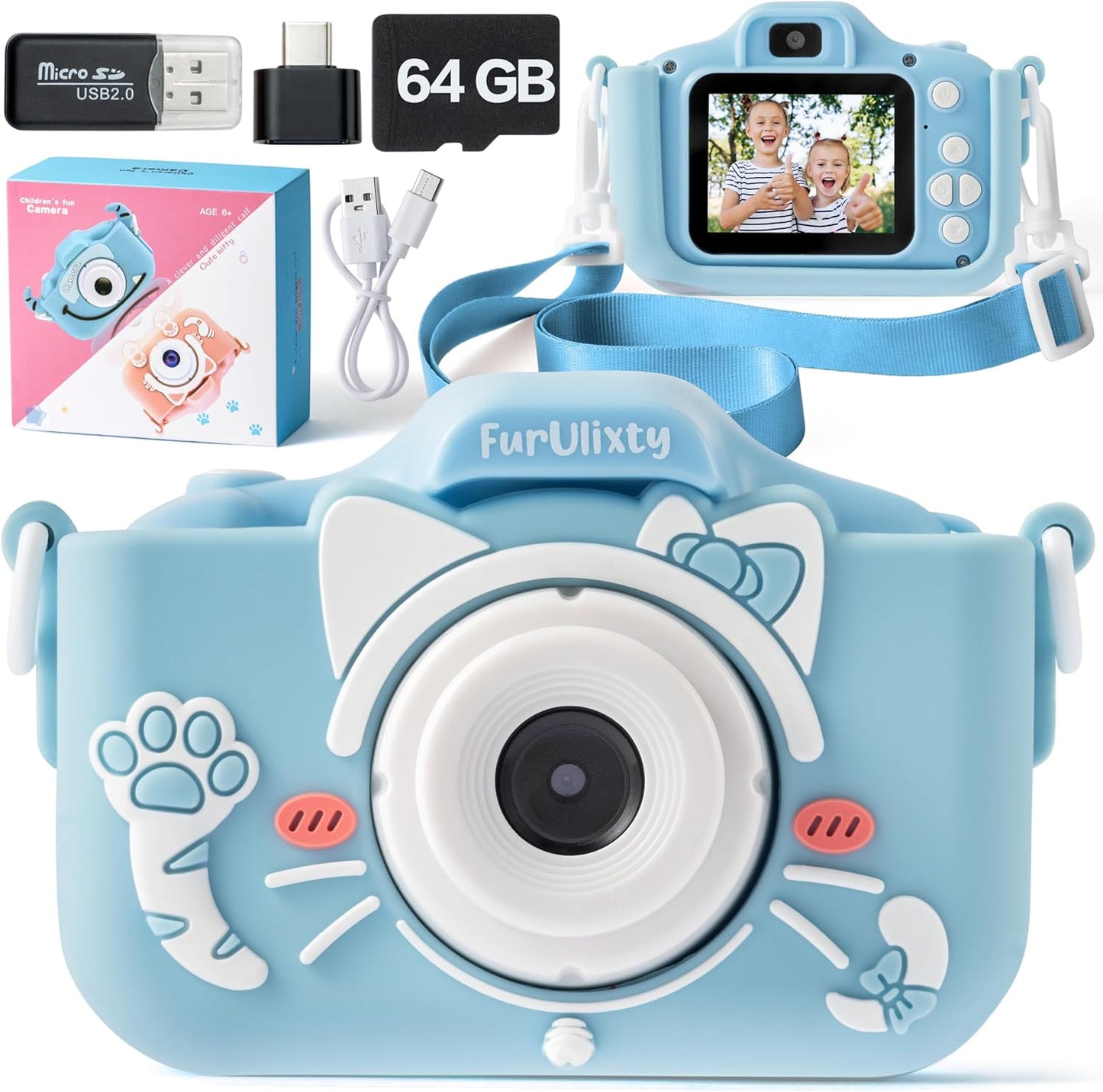 1080P HD Kids Selfie Camera - 64G SD Card, Ultra-Long Battery Life