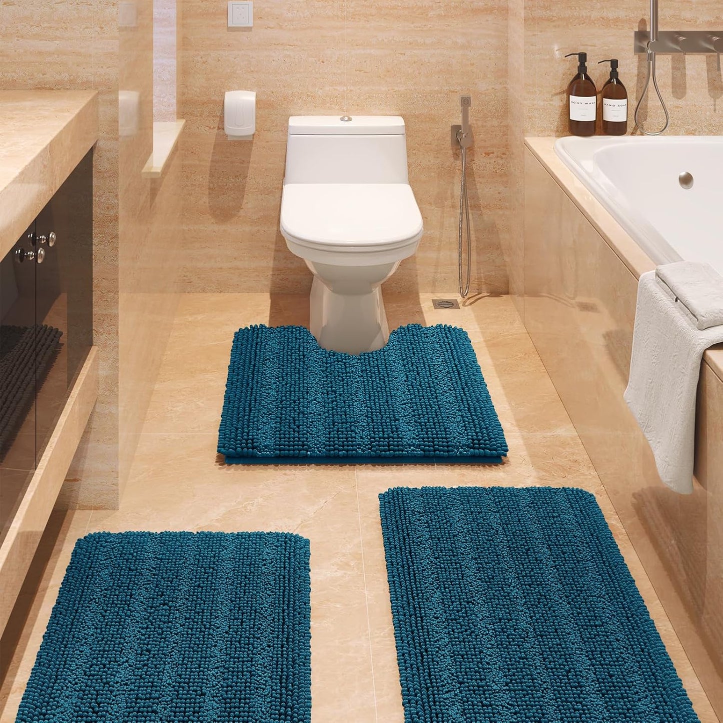 Striped Atlantic Blue Bathroom Rug Set - Ultra Soft Chenille