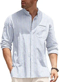 Mens Cotton Linen Band Collar Shirt - Lightweight Beach Shirt