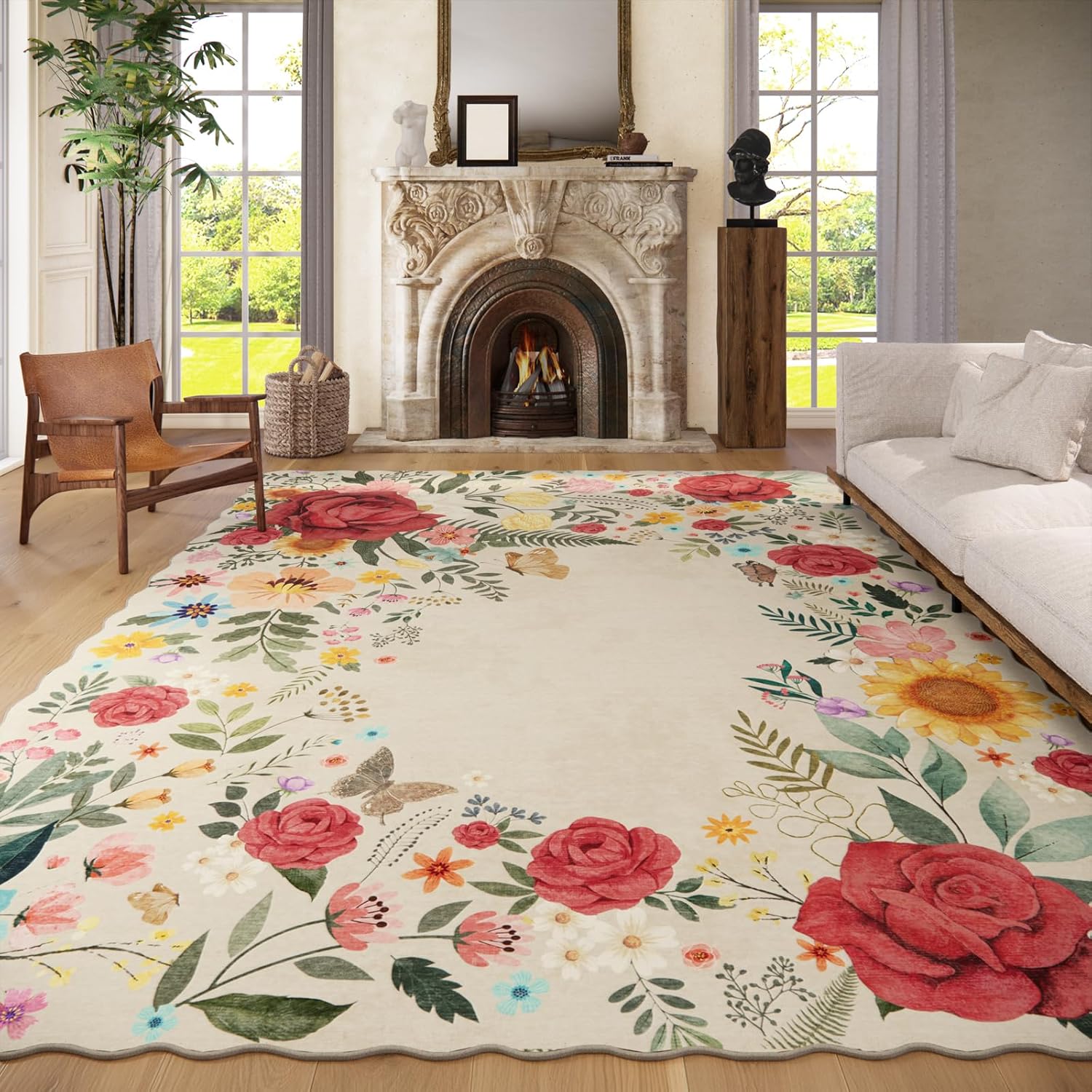 8ftx10ft Washable Rugs for Living Room, Soft Non Slip Floral Rug