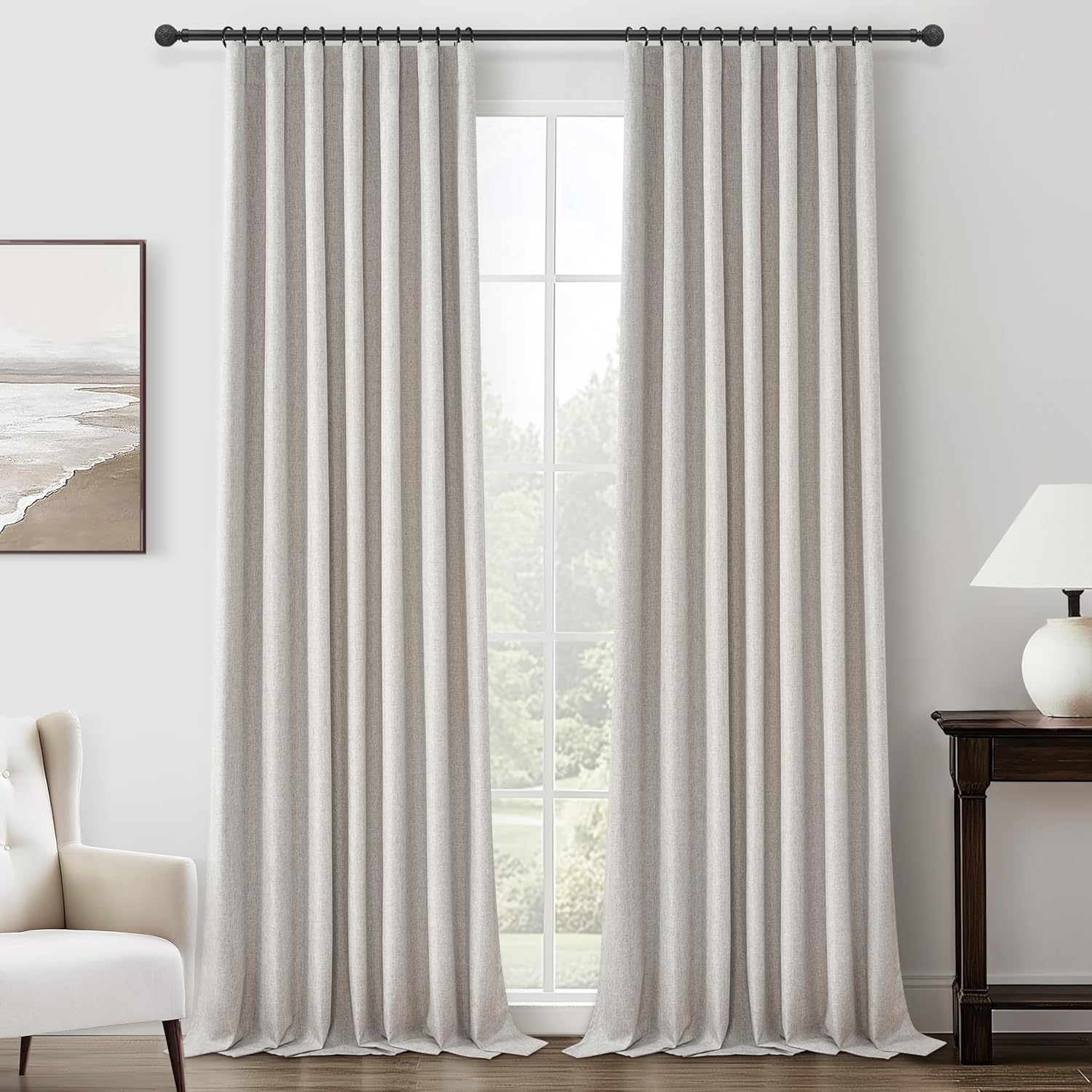 Pleat Linen Blend Room Darkening Extra Long Curtains 120 Inch